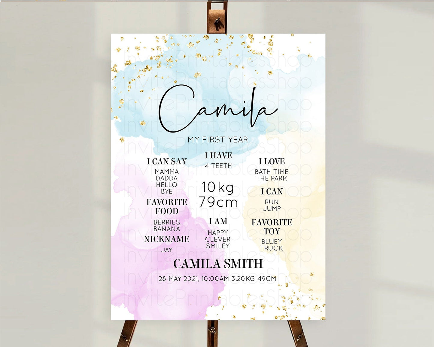 Pastel First Birthday Milestone Board Pastel Rainbow Milestone Poster Colorful Confetti Watercolor Glitter 1st Birthday Welcome Sign D10155