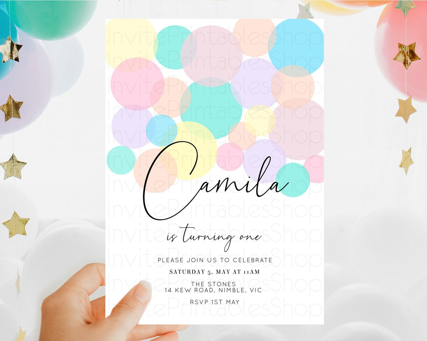 Pastel Birthday Invitation Pastel Confetti Birthday Invitation Bubbles Invitation Colorful Rainbow Confetti 2nd 1st First Birthday D10784