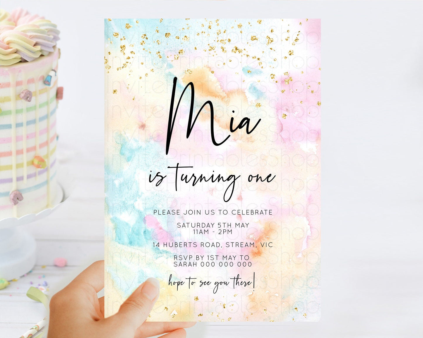 Rainbow Birthday Invitation Colorful Pastel Watercolor Invitation Gold Glitter Sprinkles Ombre Pastel 1st 2nd 3rd Birthday D10548