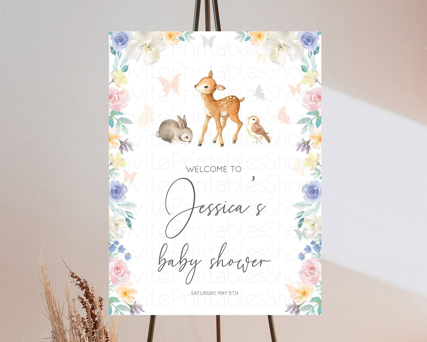 Fawn Baby Shower Welcome Sign Deer Welcome Board Floral Deer Welcome Poster Enchanted Forest Butterfly Pastel Floral Welcome Sign D10930