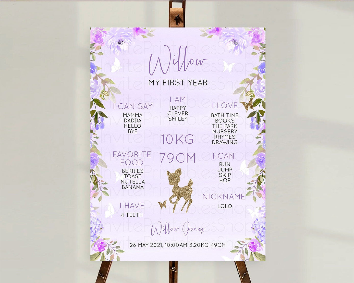 Fawn First Birthday Milestone Board Deer First Birthday Milestone Poster Enchanted Forest Butterfly Pastel Flowers 1st Birthday Sign D10963