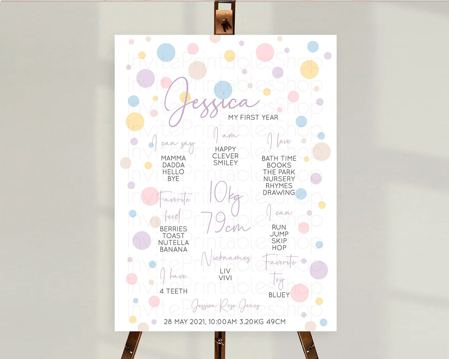 Pastel First Birthday Milestone Poster Pastel Rainbow Confetti First Birthday Milestone Board Colorful Bubbles Birthday Welcome Sign D10759