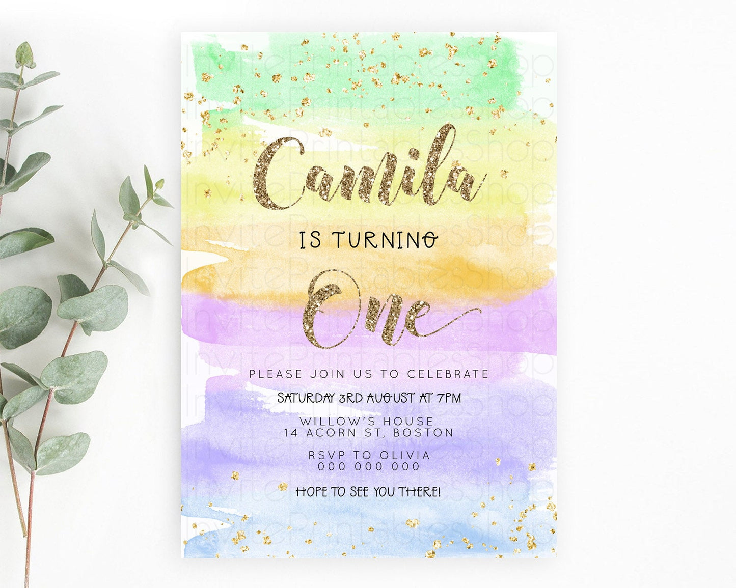Rainbow Birthday Invitation Colorful Pastel Watercolor Invitation Gold Glitter Sprinkles Ombre Pastel 1st 2nd 3rd Birthday D23275