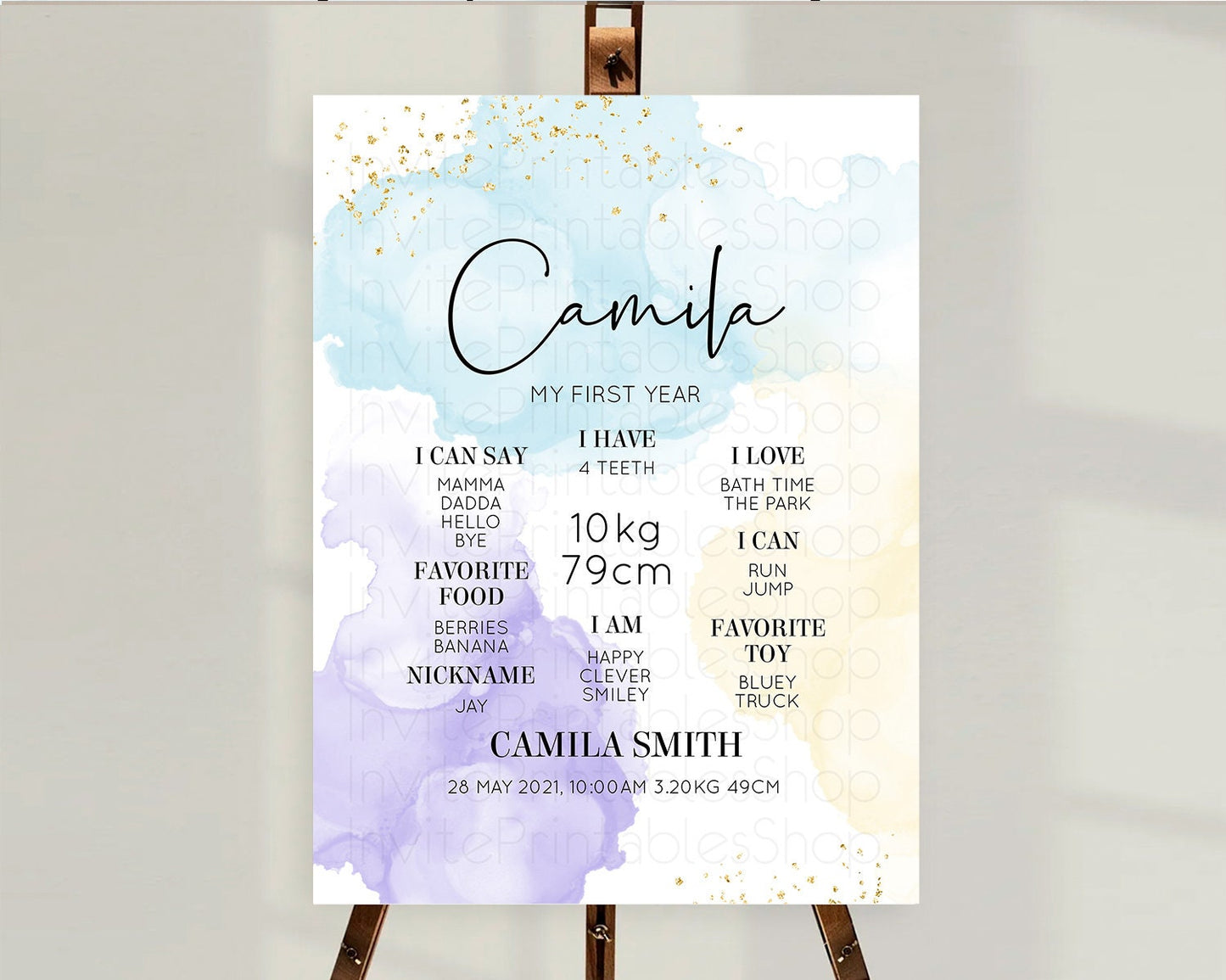 Pastel First Birthday Milestone Board Pastel Rainbow Milestone Poster Colorful Confetti Watercolor Glitter 1st Birthday Welcome Sign D10208