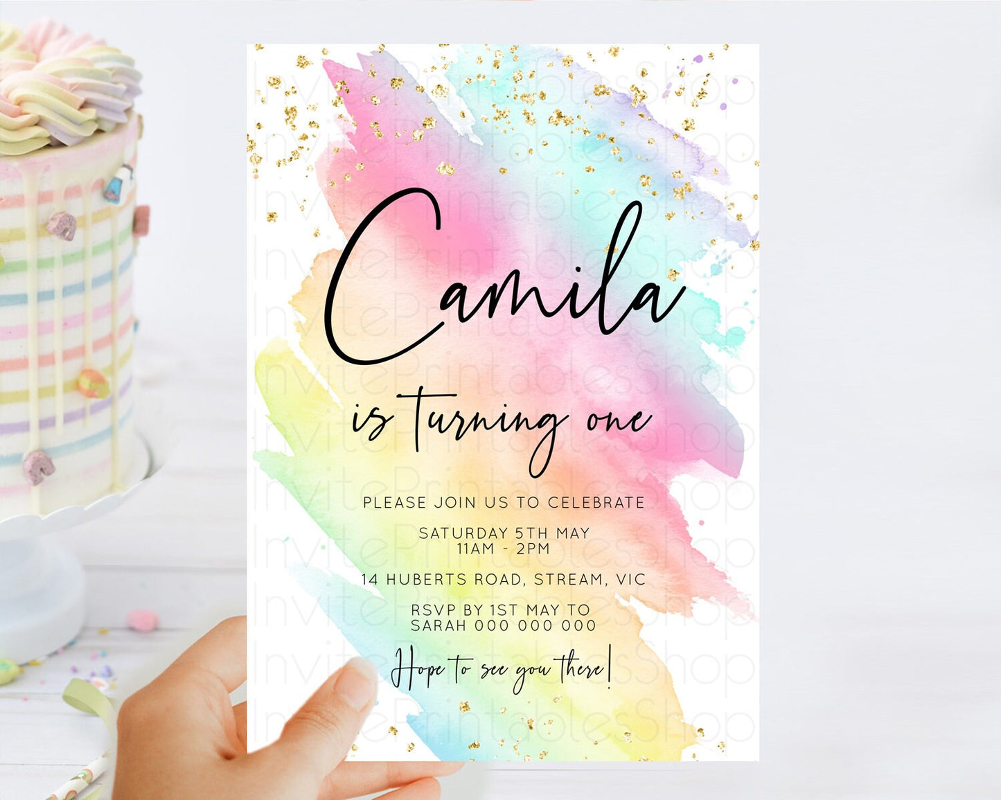 Rainbow Birthday Invitation Colorful Pastel Watercolor Invitation Gold Glitter Sprinkles Ombre Pastel 1st 2nd 3rd Birthday D10495