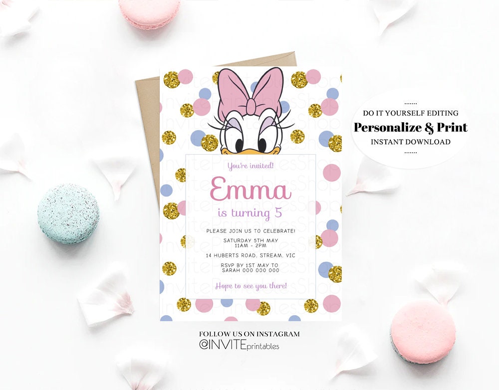 Birthday Invitiations, Daisy Duck Invitation, Polka Dots Invites, Gold Invitation, Daisy Duck, Gold, Glitter, Pink, Pastel Girl Invitation