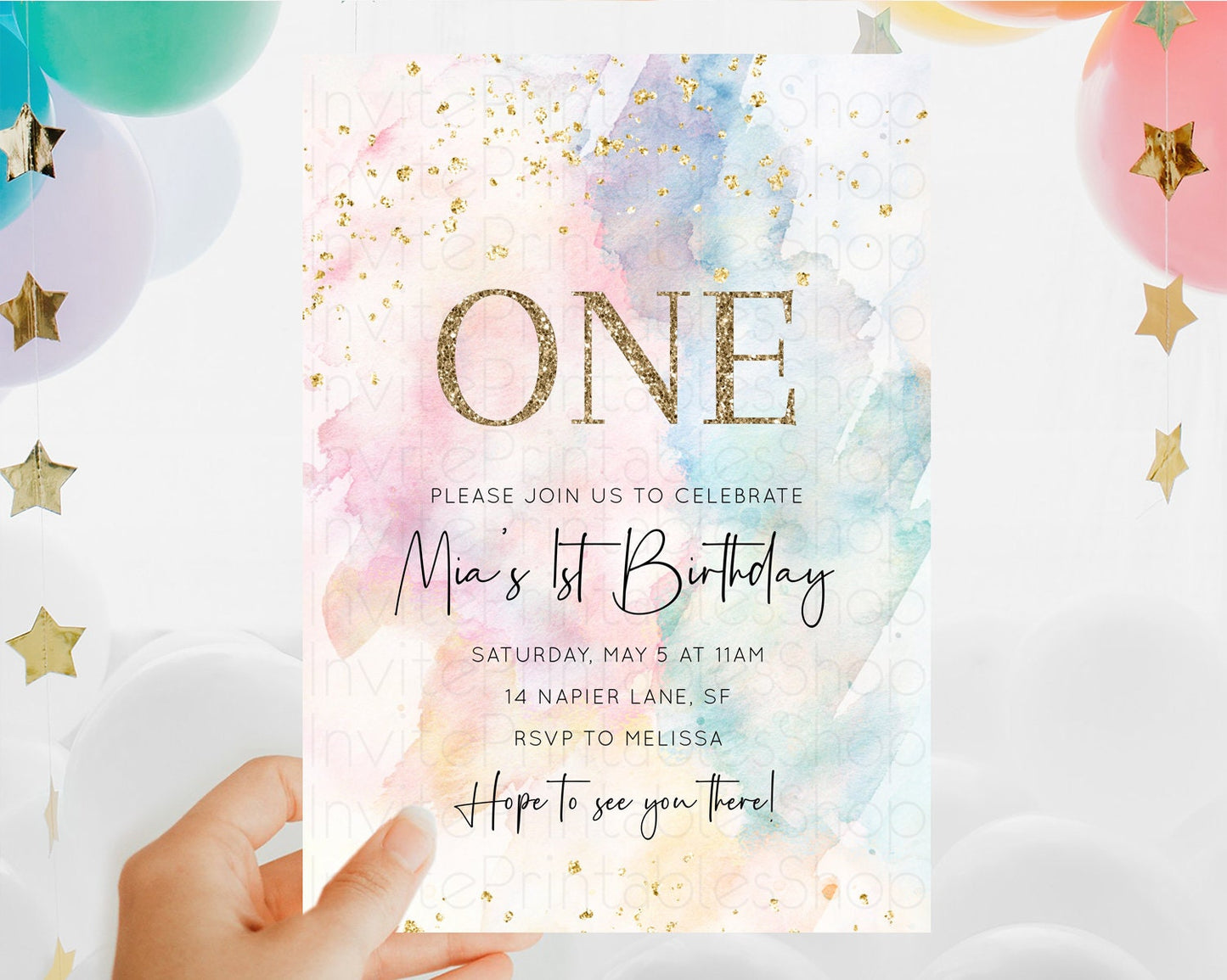 Rainbow Birthday Invitation Colorful Pastel Watercolor Invitation Gold Glitter Sprinkles Ombre Pastel 1st 2nd 3rd Birthday D10263