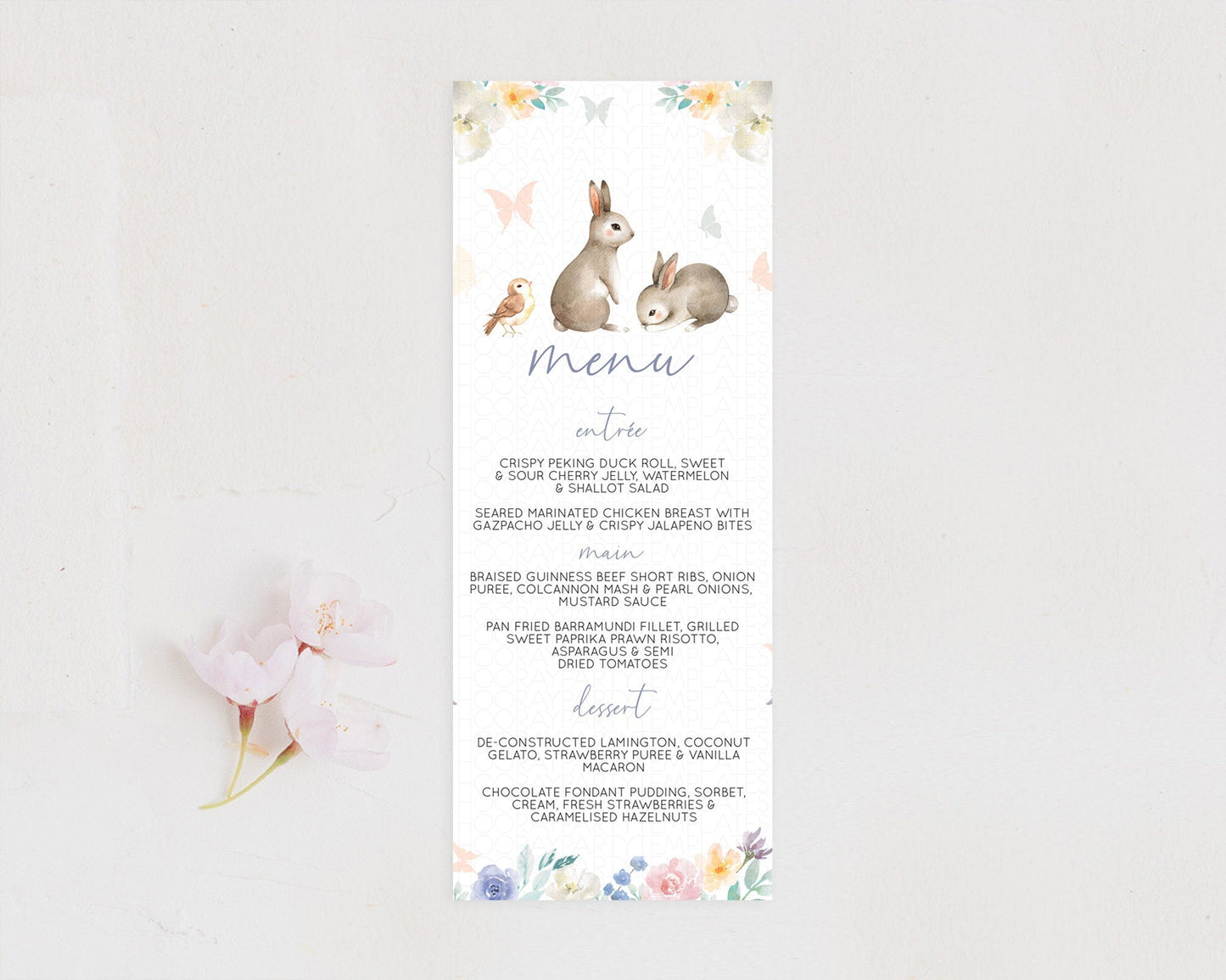 Bunny Menu Floral Bunny Menu Template Pastel Flowers Bunny Table Decor Secret Garden Bunny Dinner Dessert Menu Party Food Menu D10928