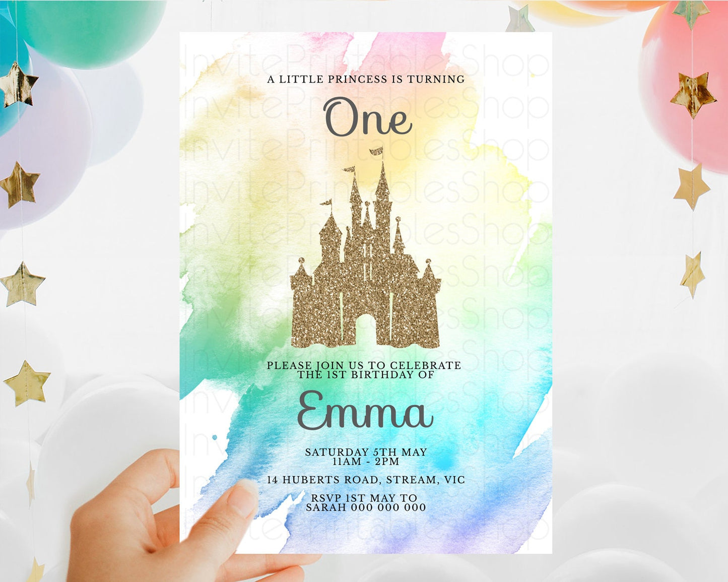 Princess Birthday Invitation Princess Invitation Pastel Invitation Royal Birthday Rainbow Color Enchanted Castle 1st First Birthday D10833