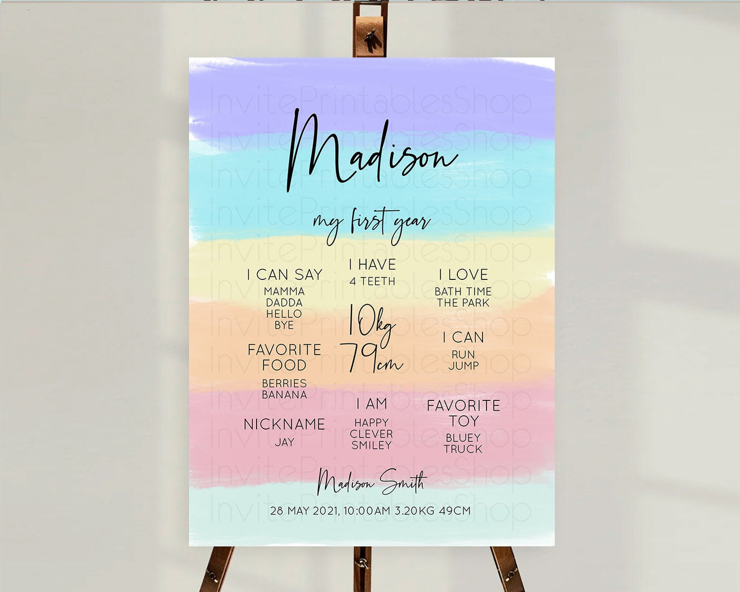 Pastel First Birthday Milestone Board Pastel Rainbow Milestone Poster Colorful Confetti Watercolor Glitter 1st Birthday Welcome Sign D10510