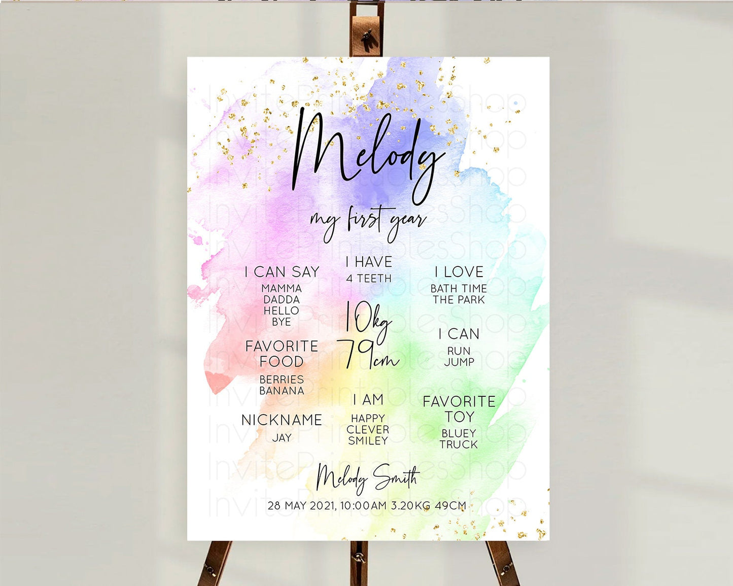 Pastel First Birthday Milestone Board Pastel Rainbow Milestone Poster Colorful Confetti Watercolor Glitter 1st Birthday Welcome Sign D10316