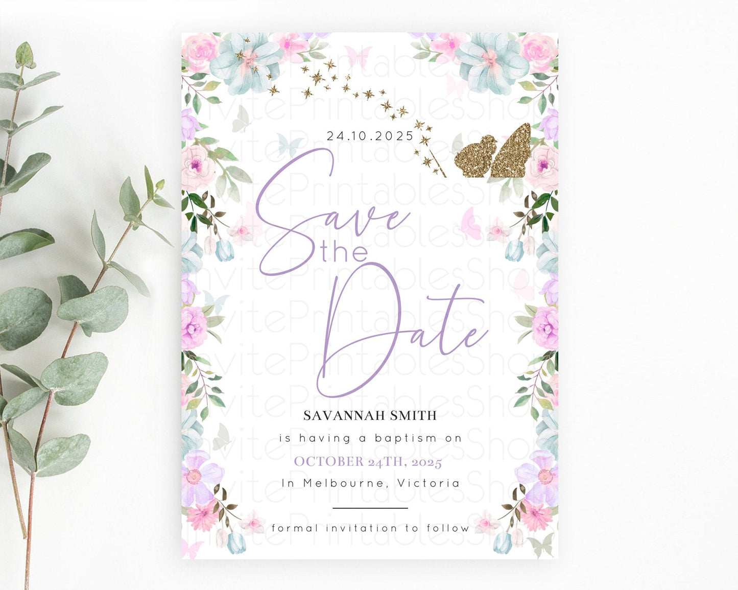 Fairy Save The Date Template Enchanted Garden Pastel Floral Butterfly Party Secret Garden Birthday Baptism Baby Shower Bridal Shower D10475