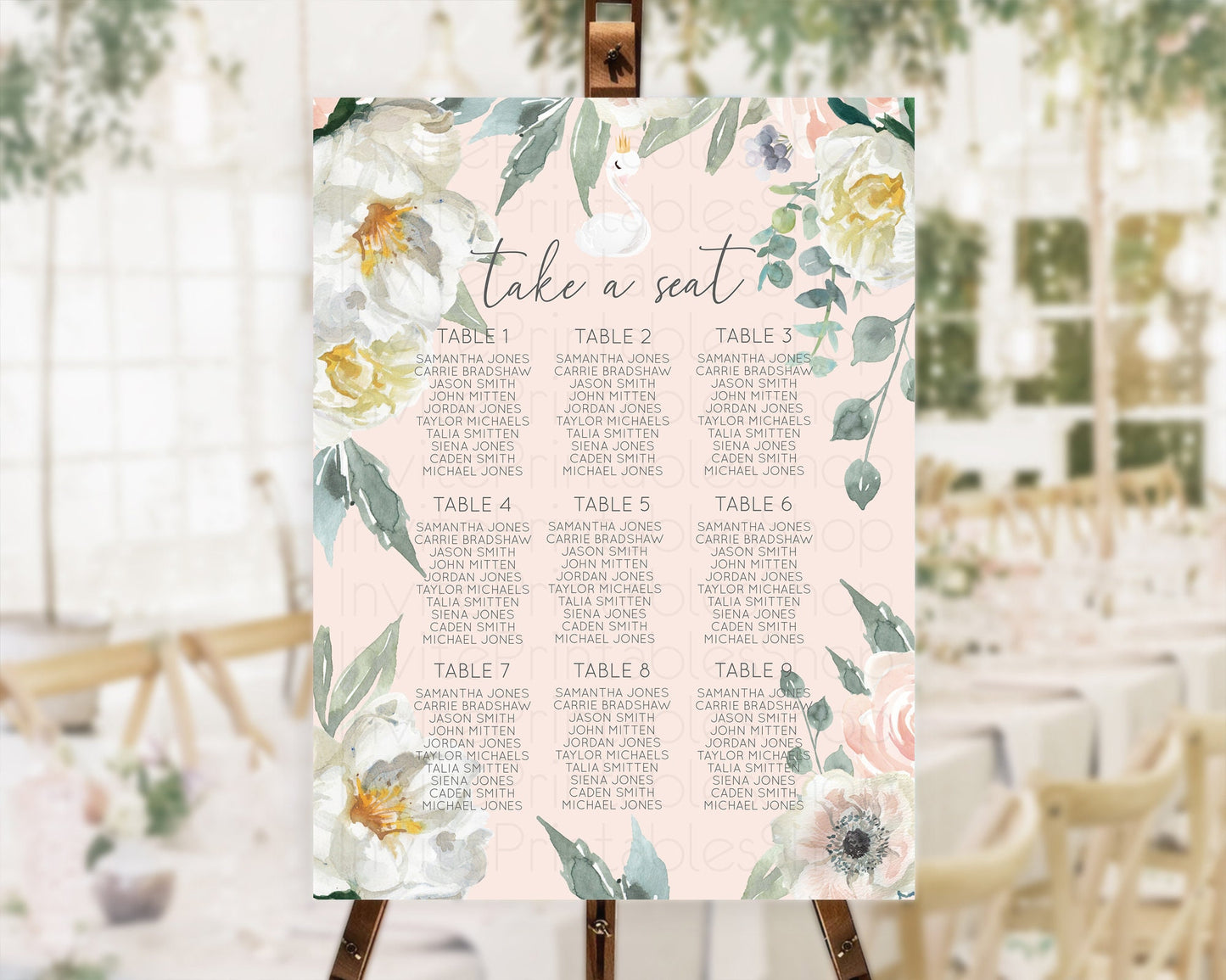 Editable Swan Seating Chart Swan Princess Ballet Seating Sign Watercolour Pa