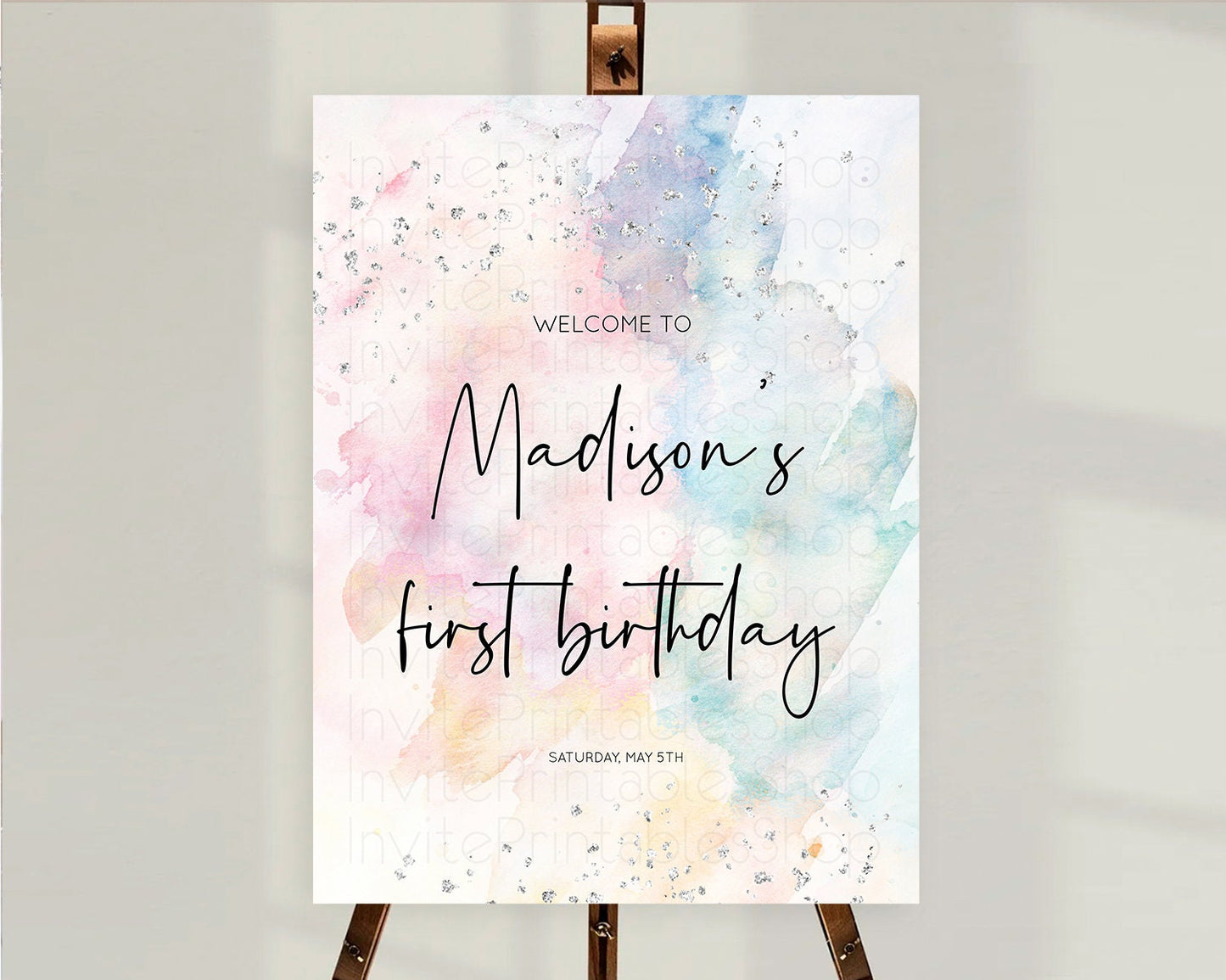 Pastel Rainbow Welcome Sign Pastel Welcome Board Pastel Colorful Party Poster Confetti Watercolor Silver First Birthday Welcome Sign D10945