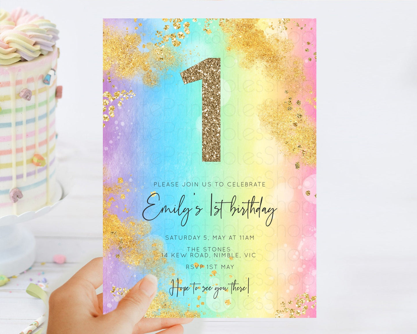Rainbow Birthday Invitation Colorful Pastel Watercolor Invitation Gold Glitter Sprinkles Ombre Pastel 1st 2nd 3rd Birthday D10559