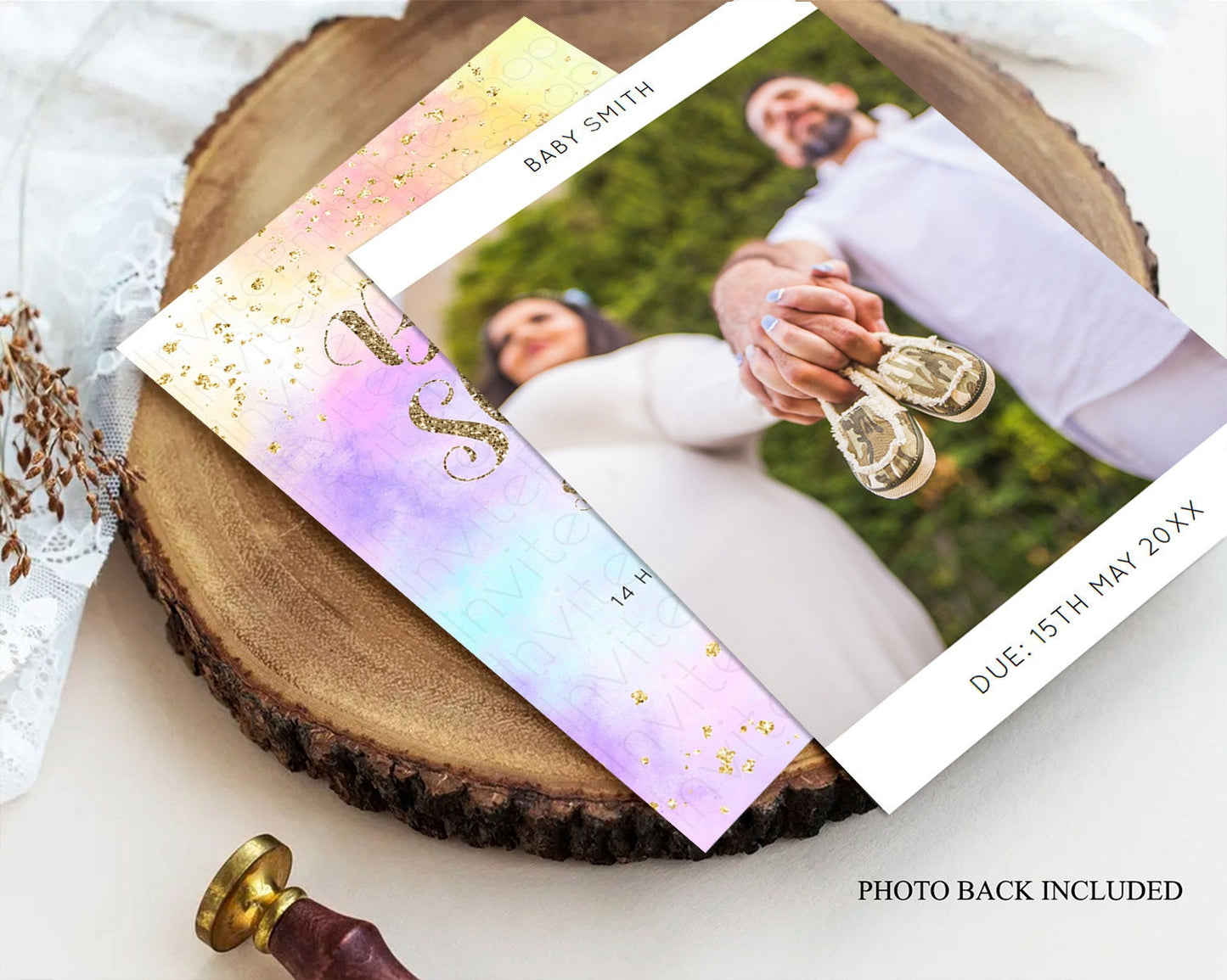 Pastel Rainbow Baby Shower Invitation, Watercolor Splash, Confetti Sprinkles, Colorful Ombre - Blue, Yellow, Purple, Orange, Glitter D10435