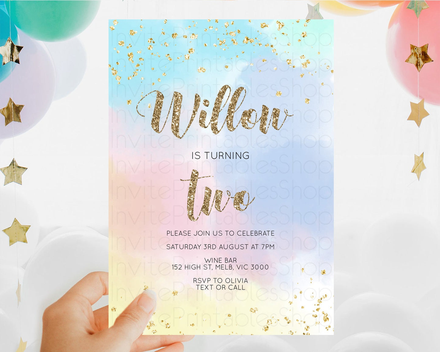 Rainbow Birthday Invitation Colorful Pastel Watercolor Invitation Gold Glitter Sprinkles Ombre Pastel 1st 2nd 3rd Birthday D10367
