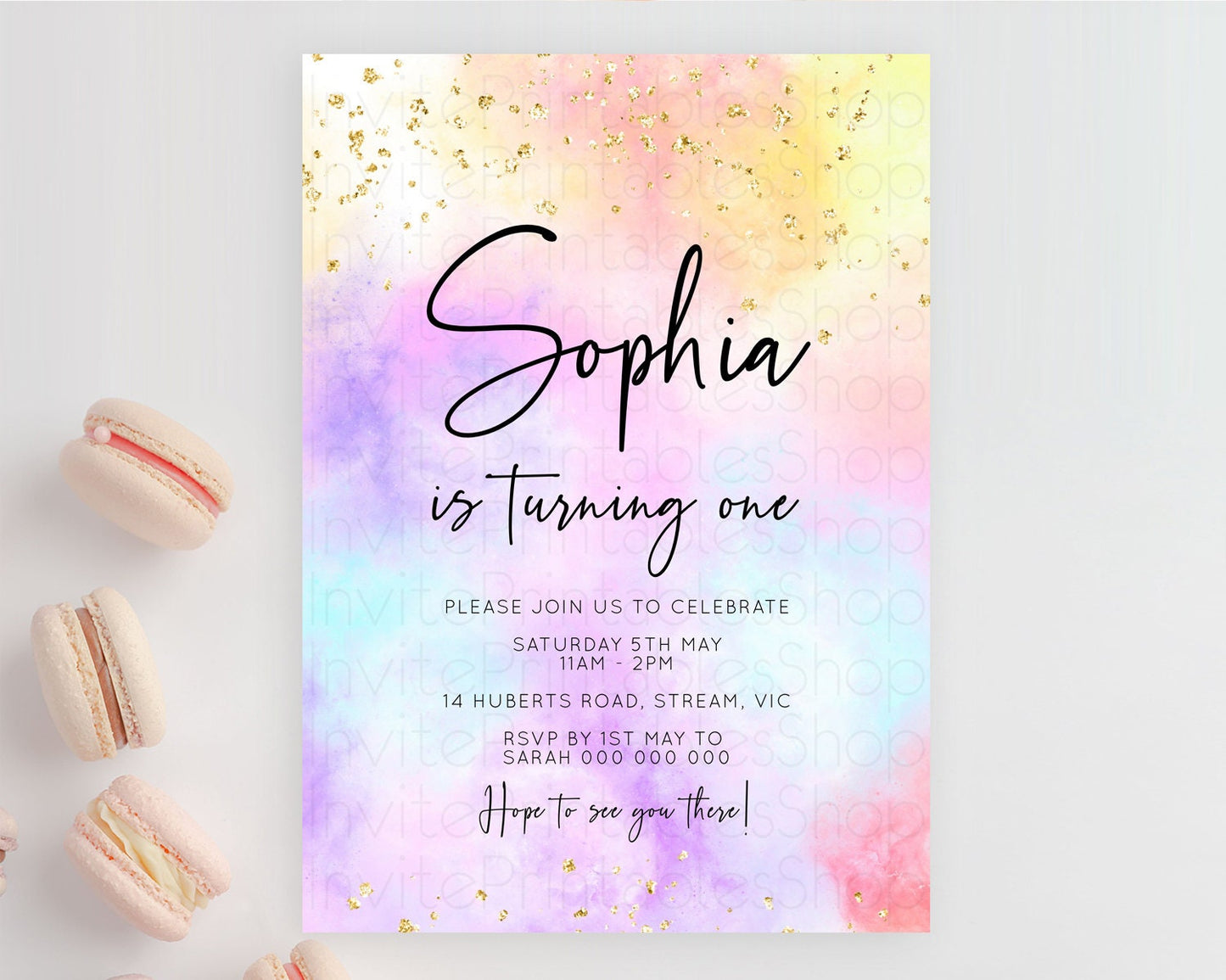 Rainbow Birthday Invitation Colorful Pastel Watercolor Invitation Gold Glitter Sprinkles Ombre Pastel 1st 2nd 3rd Birthday D10437