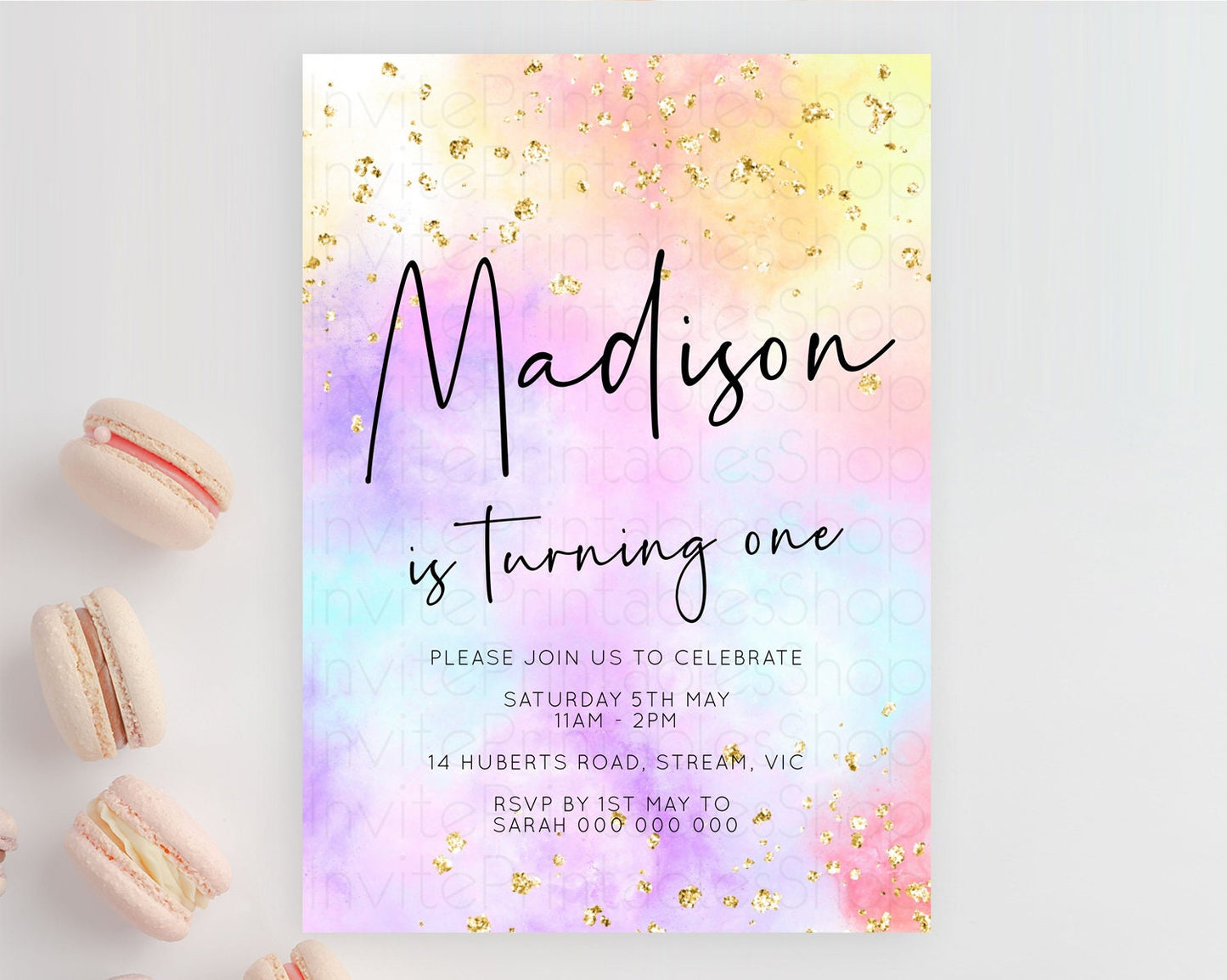 Rainbow Birthday Invitation Colorful Pastel Watercolor Invitation Gold Glitter Sprinkles Ombre Pastel 1st 2nd 3rd Birthday D10438