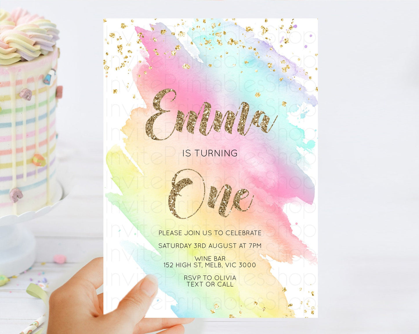 Rainbow Birthday Invitation Colorful Pastel Watercolor Invitation Gold Glitter Sprinkles Ombre Pastel 1st 2nd 3rd Birthday D10495
