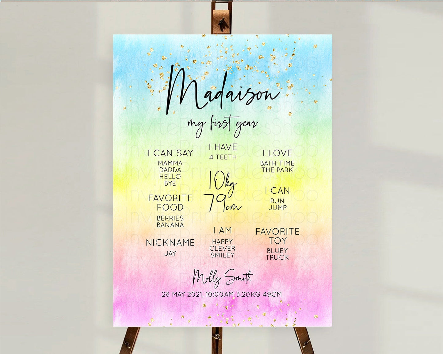 Pastel First Birthday Milestone Board Pastel Rainbow Milestone Poster Colorful Confetti Watercolor Glitter 1st Birthday Welcome Sign D10480