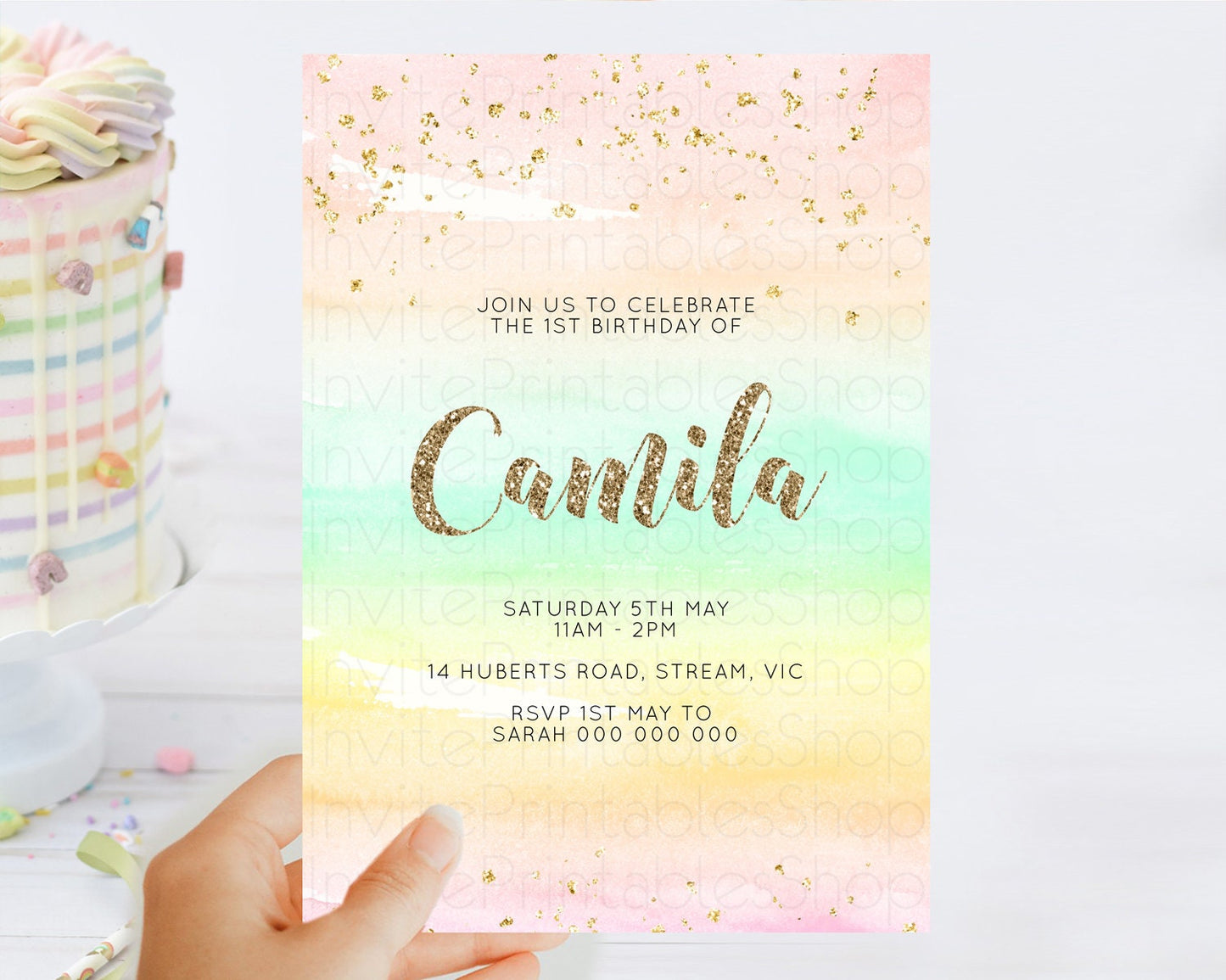 Rainbow Birthday Invitation Colorful Pastel Watercolor Invitation Gold Glitter Sprinkles Ombre Pastel 1st 2nd 3rd Birthday D10592
