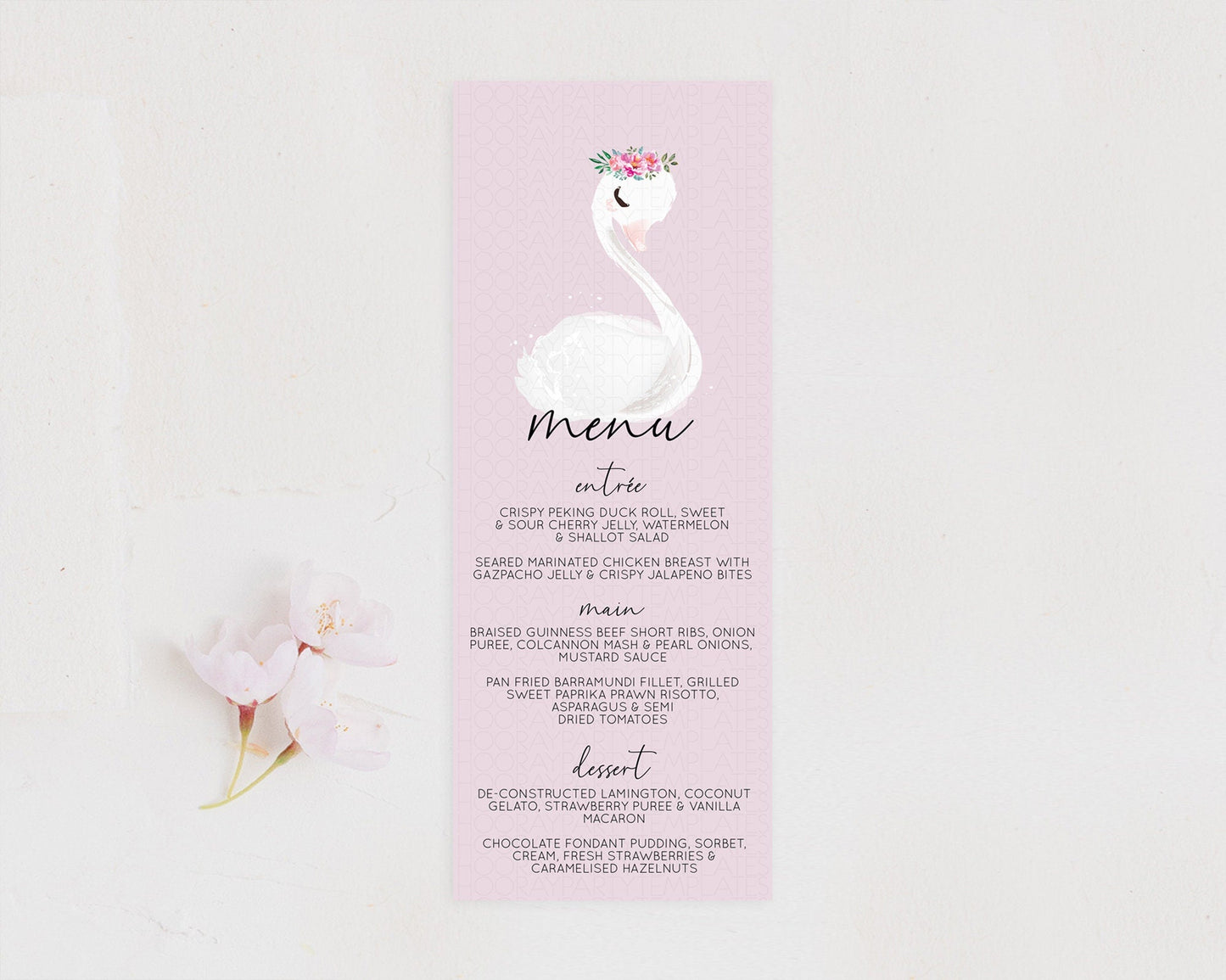 Swan Menu Swan Princess Ballet Menu Template Enchanted Swan Lake Table Decor Secret Garden Pastel Floral Dinner Dessert Food Menu D10758