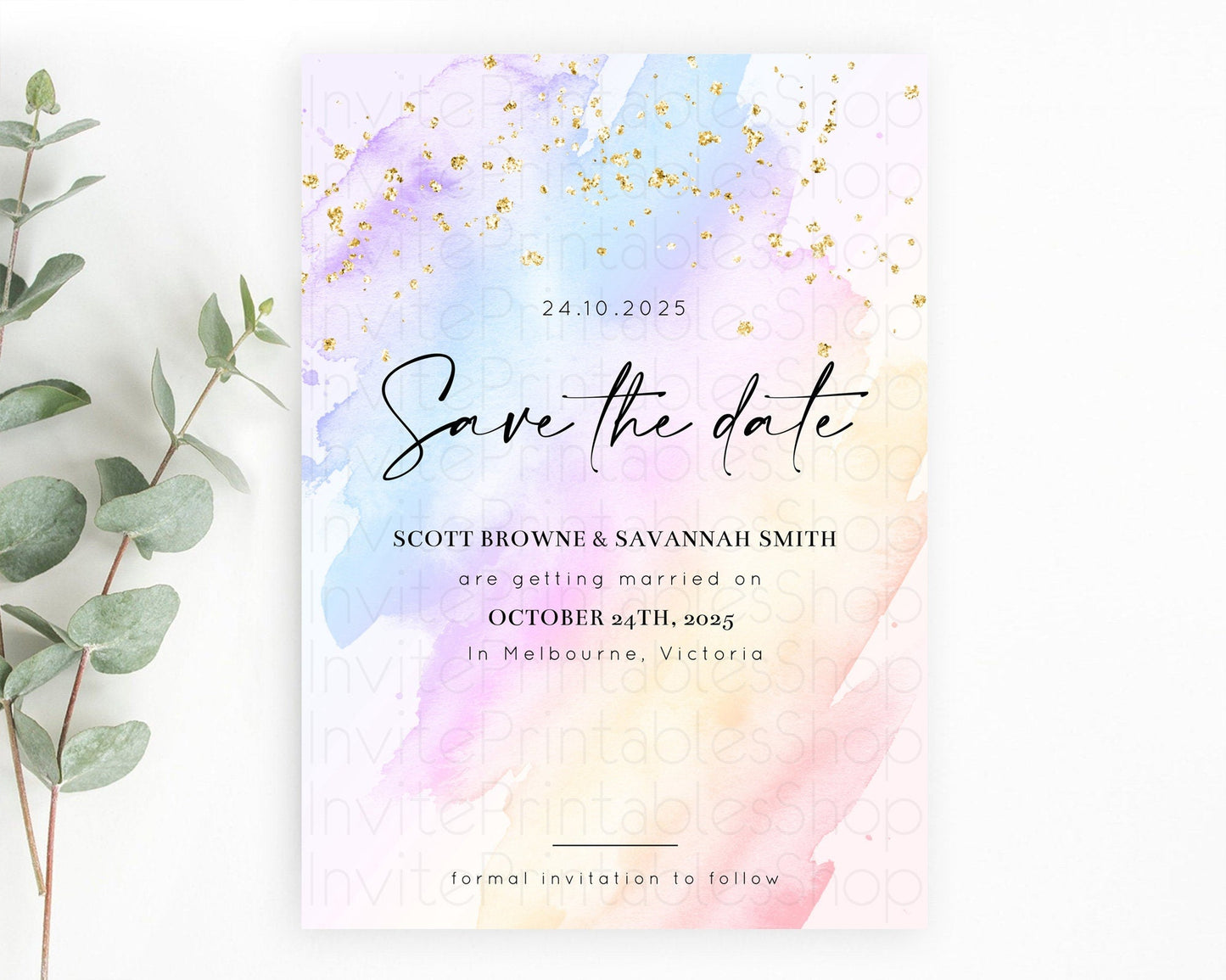 Pastel Save The Date Template Pastel Ombre Rainbow Watercolor Colorful Party For Birthday Baptism Baby Shower Wedding Bridal Shower D10635
