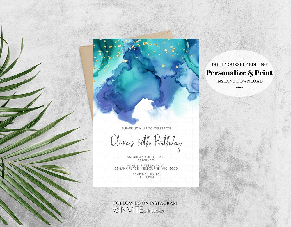 Blue Birthday Invitation Jewel Oil Acrylic Watercolor Ink Splash Gold Foil Splatter Sprinkles Water Marble Stone Pool Party Invite