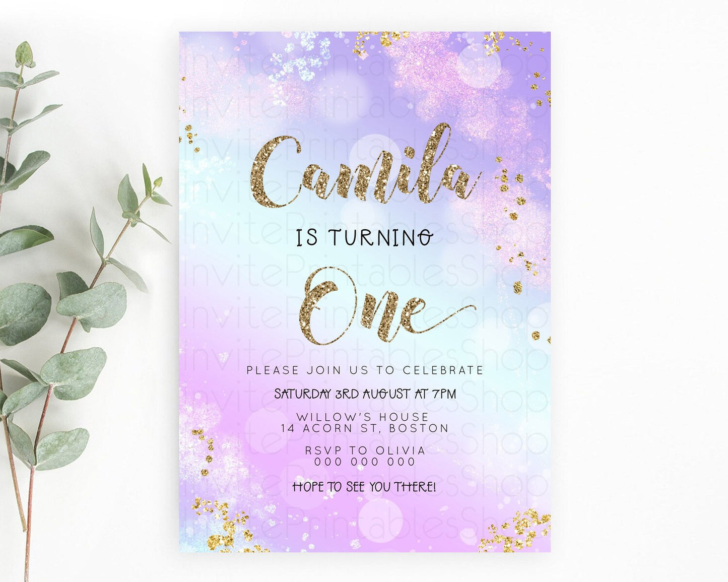 Rainbow Birthday Invitation Colorful Pastel Watercolor Invitation Gold Glitter Sprinkles Ombre Pastel 1st 2nd 3rd Birthday D23130