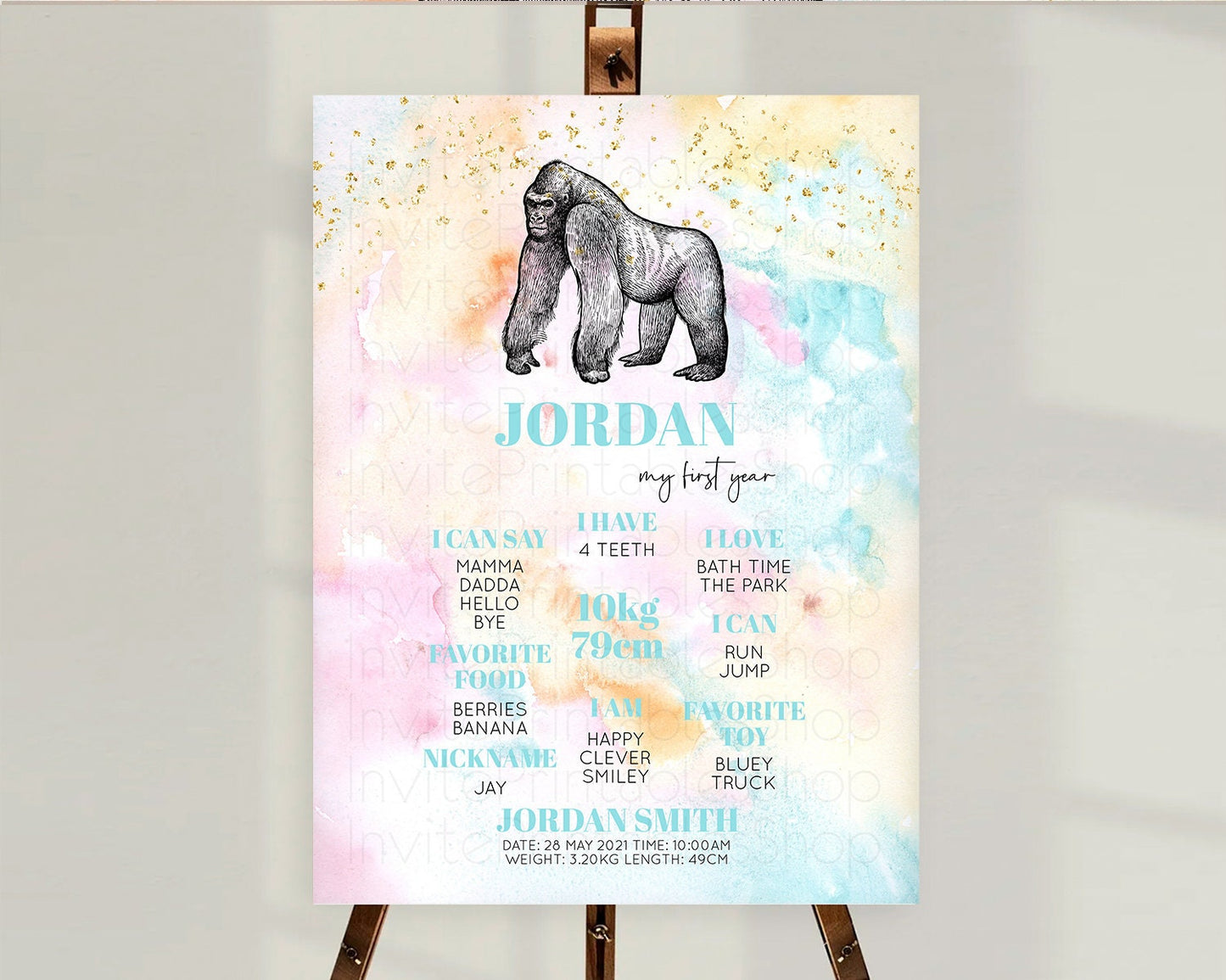 Pastel Gorilla First Birthday Milestone Board Gorilla Milestone Poster Colorful Rainbow Pastel Watercolor 1st Birthday Welcome Sign D10284