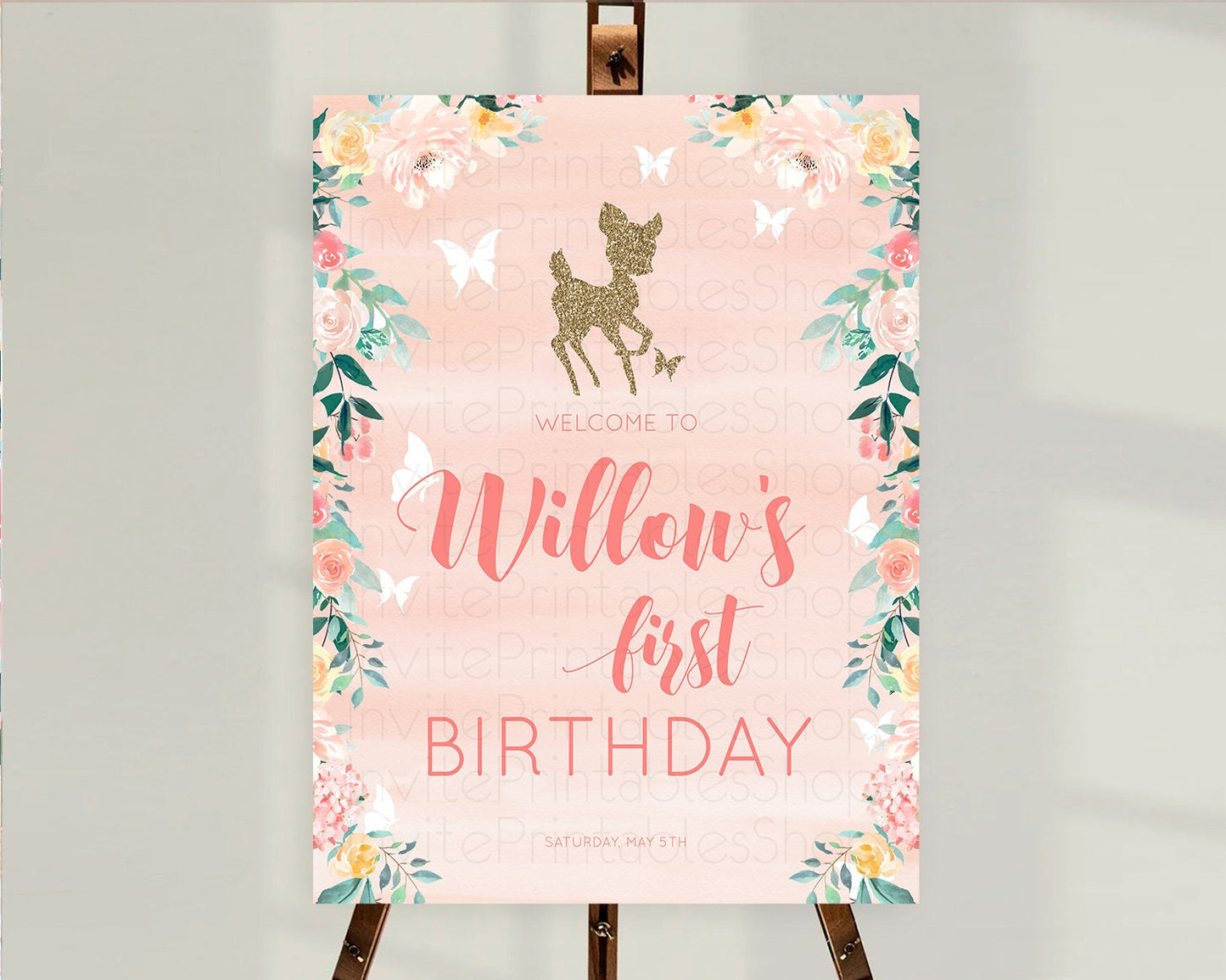 Fawn Welcome Sign Deer Welcome Board Floral Deer Welcome Poster Enchanted Forest Butterfly Pastel Floral First Birthday Welcome Sign D10873