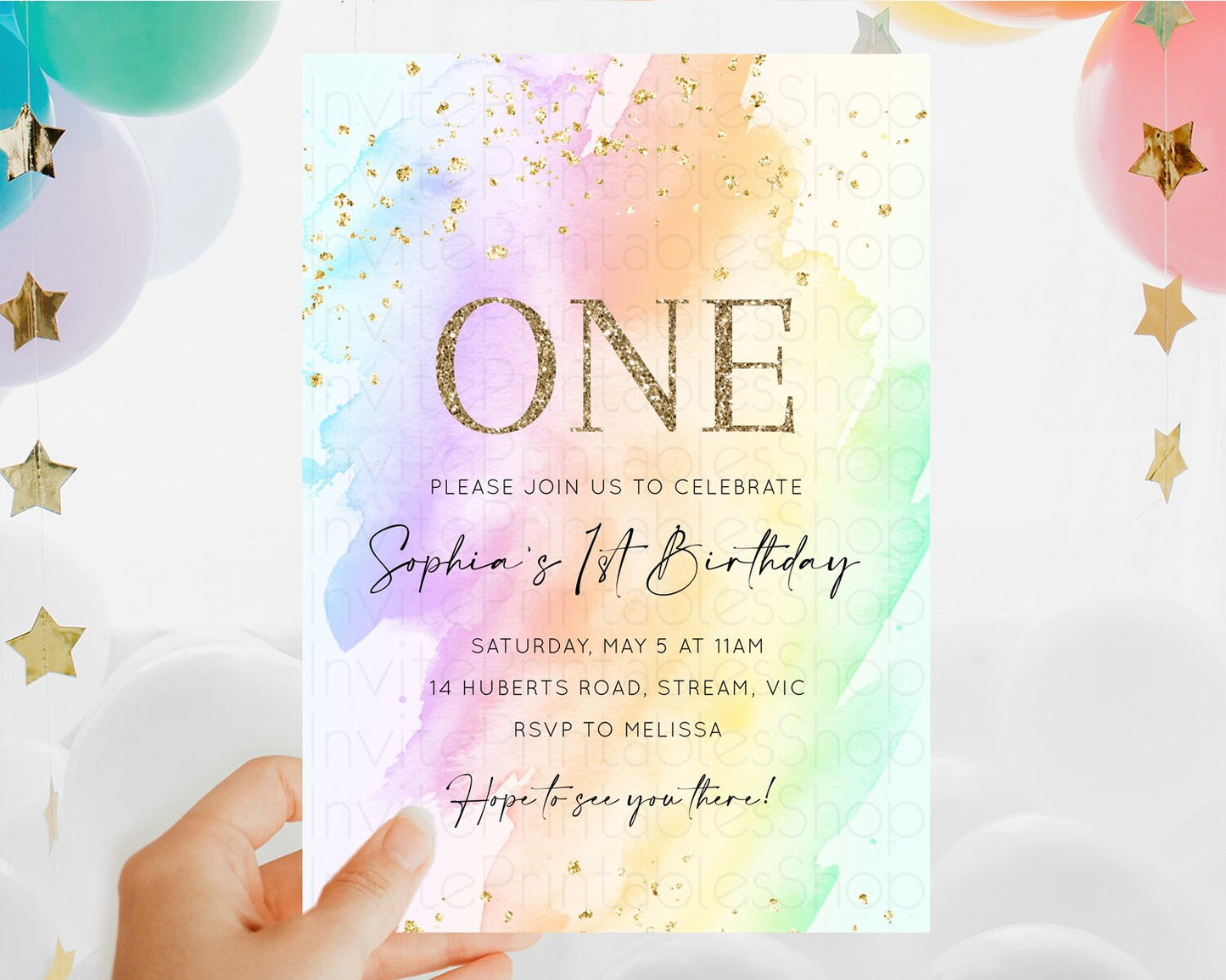 Rainbow Birthday Invitation Colorful Pastel Watercolor Invitation Gold Glitter Sprinkles Ombre Pastel 1st 2nd 3rd Birthday D10645