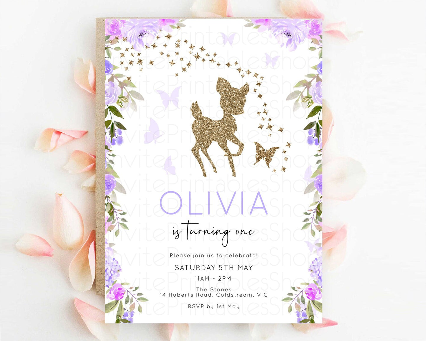 Fawn Birthday Invitation Deer Birthday Invitation Enchanted Forest Party Butterfly Pastel Flowers Whimsical 2nd 1st First Birthday D10914