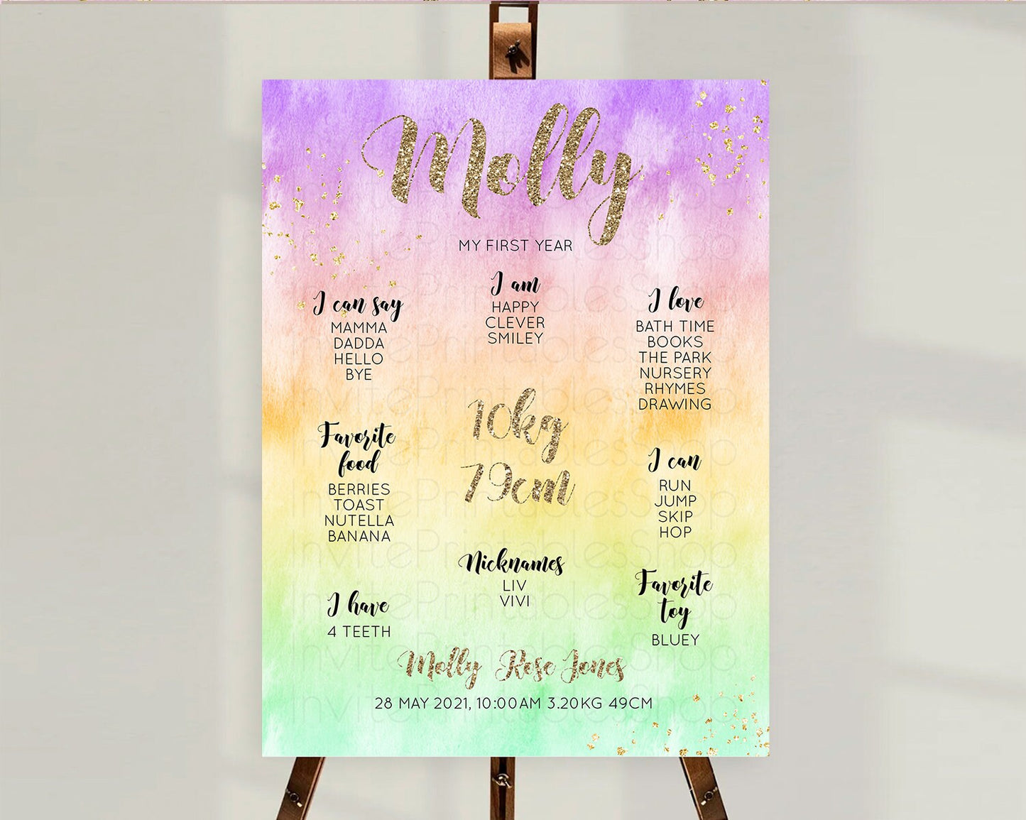 Pastel First Birthday Milestone Board Pastel Rainbow Milestone Poster Colorful Confetti Watercolor Glitter 1st Birthday Welcome Sign D10512