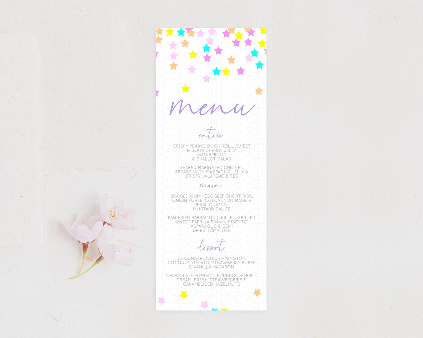 Star Menu Template Pastel Stars Menu Shooting Star Twinkle Little Star Decor Rainbow Colorful Confetti Dinner Dessert Food Menu D10397