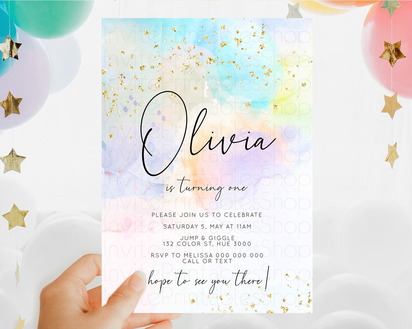 Rainbow Birthday Invitation Colorful Pastel Watercolor Invitation Gold Glitter Sprinkles Ombre Pastel 1st 2nd 3rd Birthday D10769