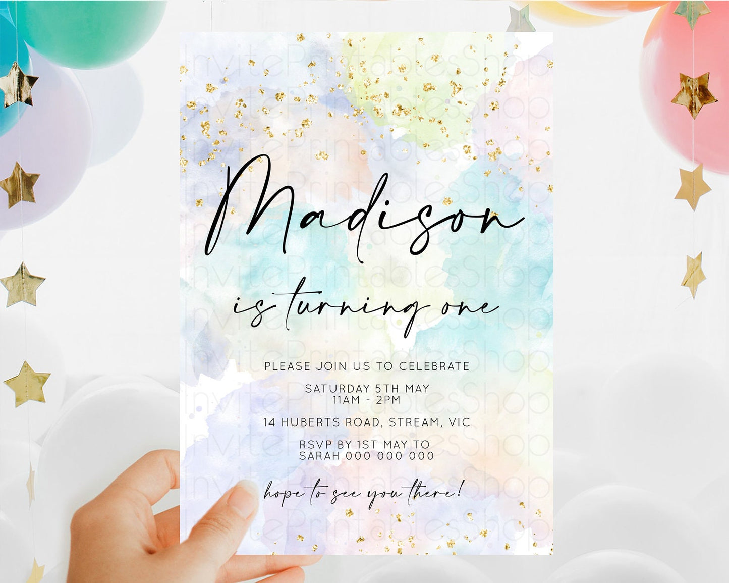 Rainbow Birthday Invitation Colorful Pastel Watercolor Invitation Gold Glitter Sprinkles Ombre Pastel 1st 2nd 3rd Birthday D10613