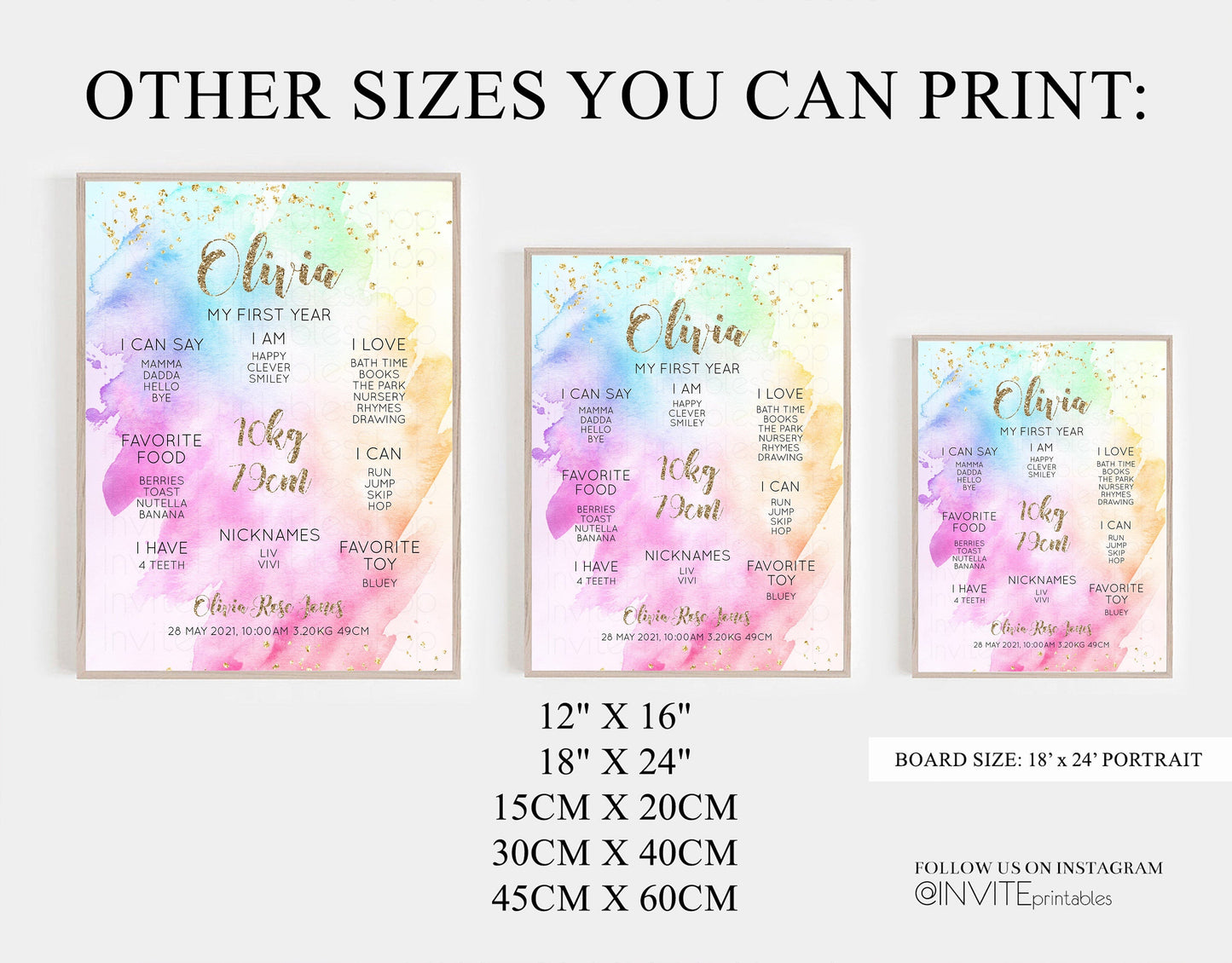 Pastel First Birthday Milestone Board Pastel Rainbow Milestone Poster Watercolor Glitter One Year Poster Colorful Splash Baby 1st Year g504