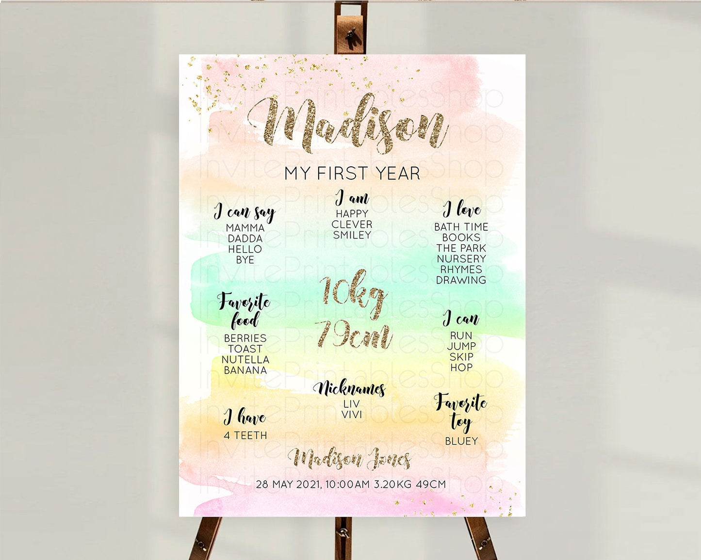 Pastel First Birthday Milestone Board Pastel Rainbow Milestone Poster Colorful Confetti Watercolor Glitter 1st Birthday Welcome Sign D10592