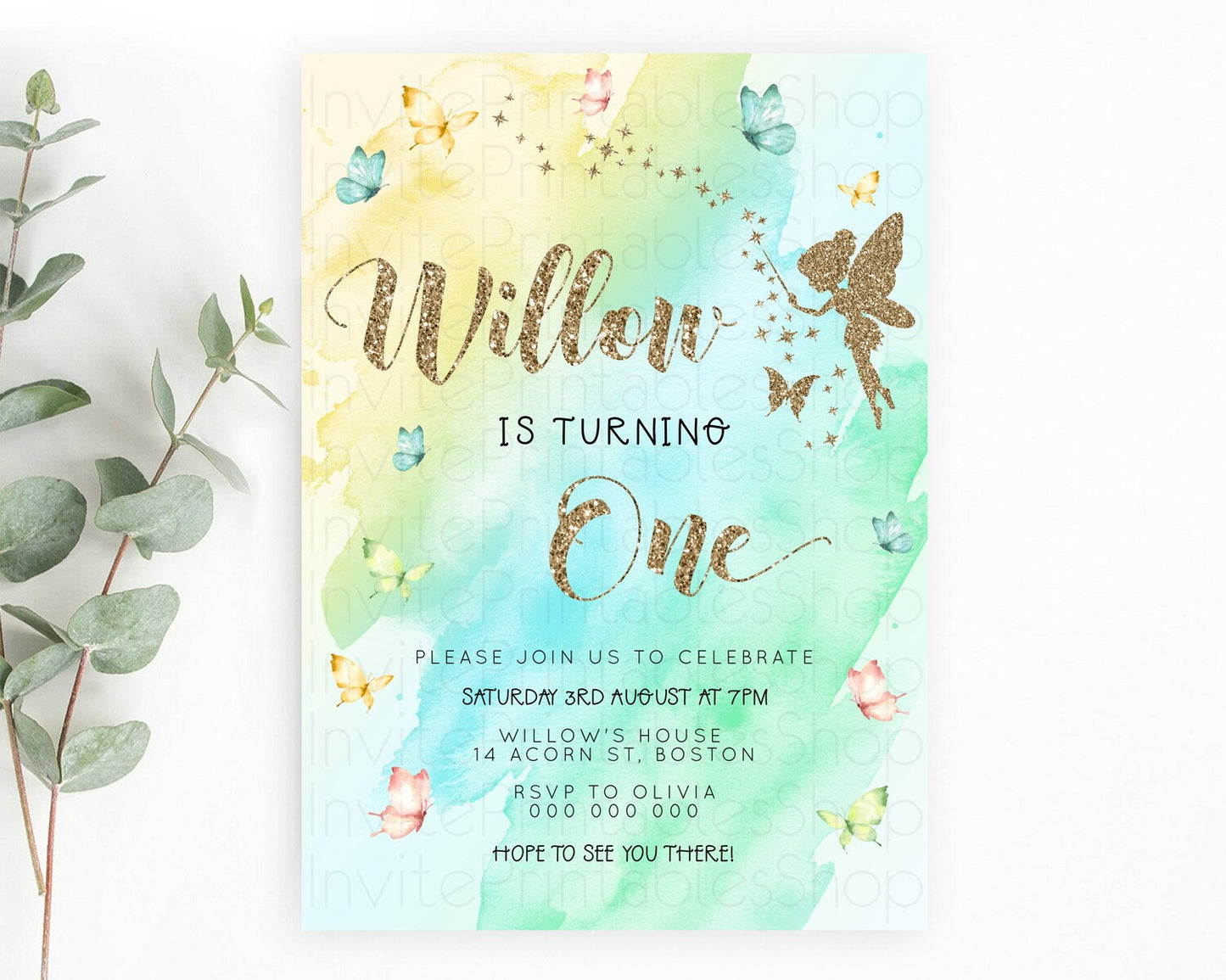Pastel Fairy Birthday Invitation Pastel Butterflies Fairy Birthday Invitation Rainbow Ombre Watercolor 1st 2nd Birthday Invitation D23336