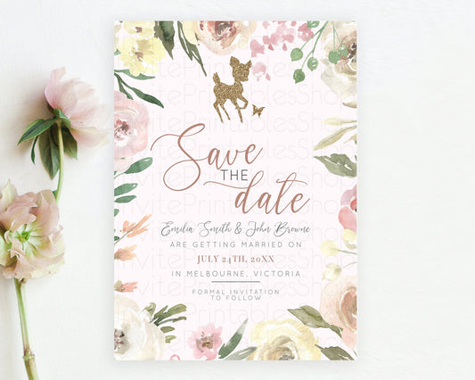 Editable Fawn Deer Save The Date Template Pastel Floral Deer Enchanted Fores