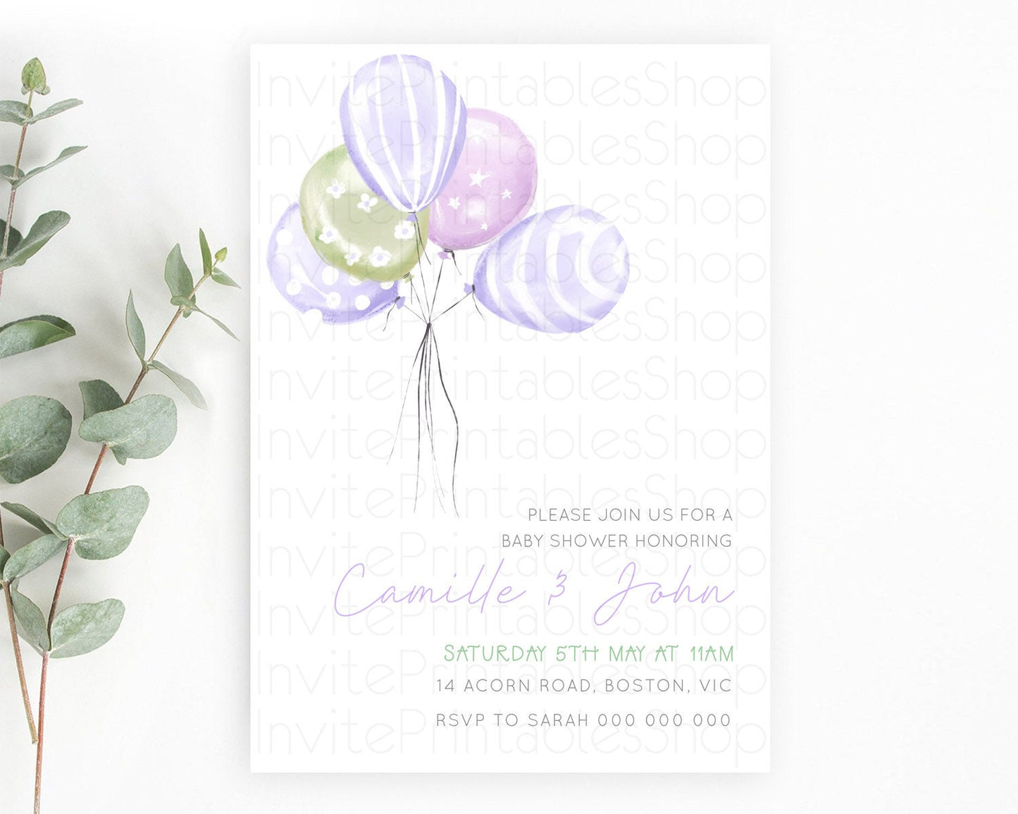 Pastel Purple Balloon Baby Shower Invitation Pastel Balloon Invitation Pastel Purple Green Invitation Balloon Baby Shower Theme d23103