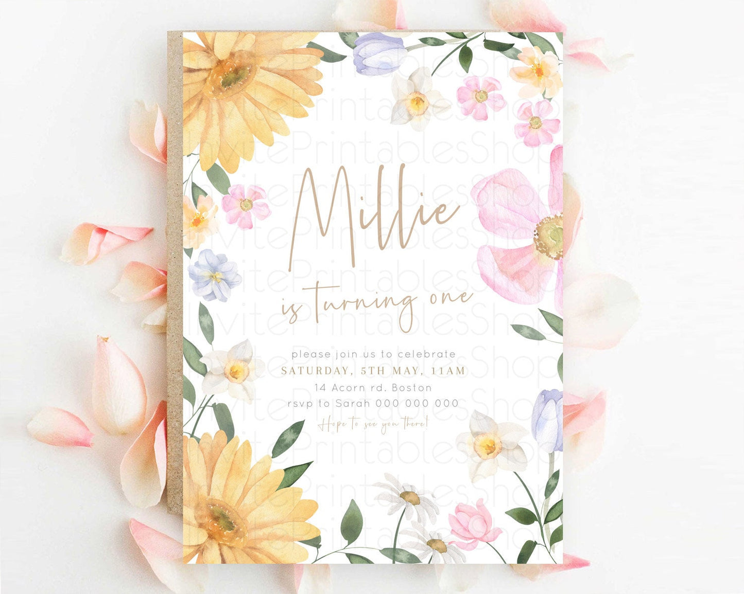 Secret Garden Invitation Wildflower Birthday Invitation Pastel Flowers Invite Enchanted Garden Boho Floral 3rd 2nd First Birthday D23370