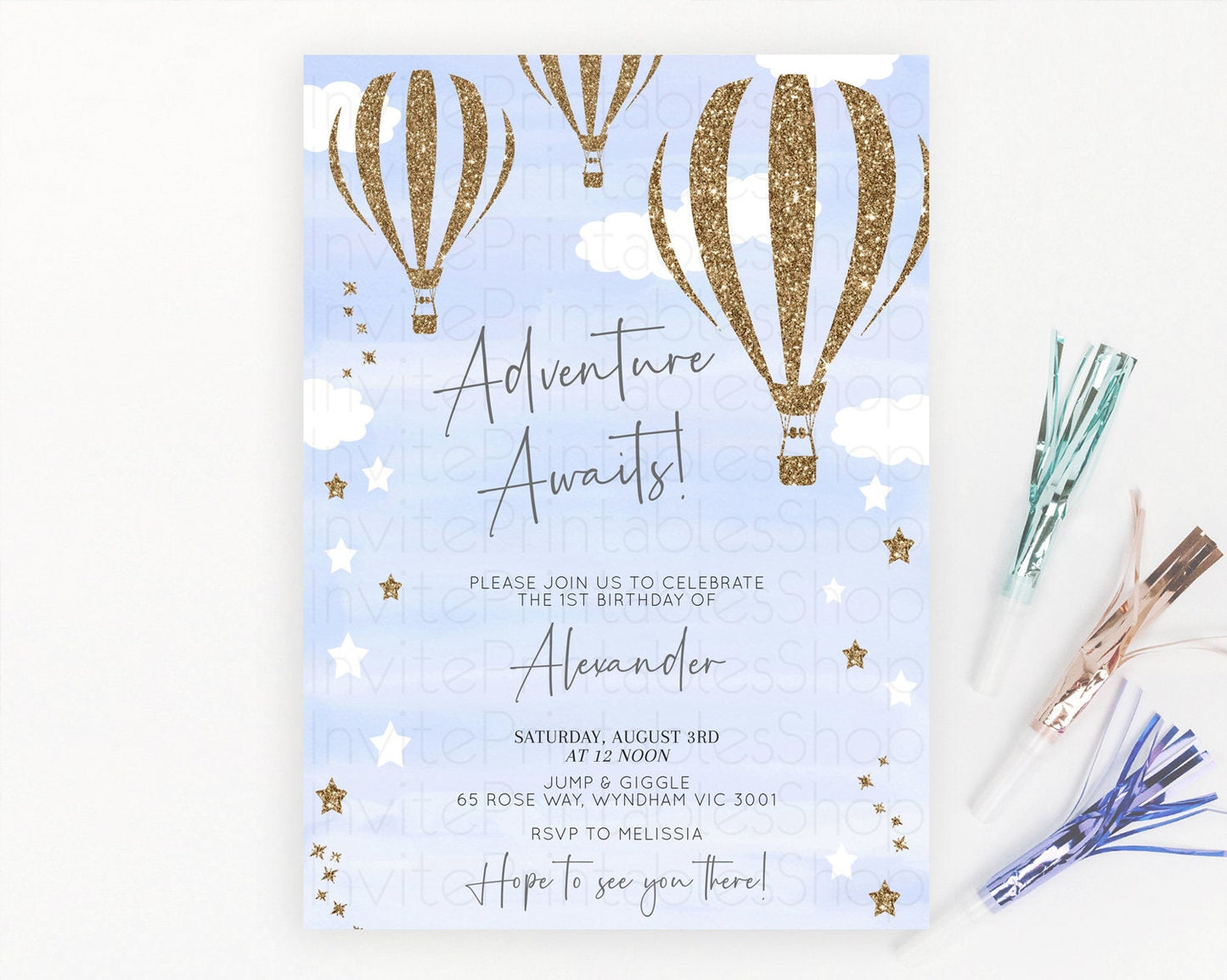 Hot Air Balloon Birthday Invitation Hot Air Balloon Invites Adventure Awaits Up Up & Away Glitter Blue Watercolor 1st Birthday Boy D10333