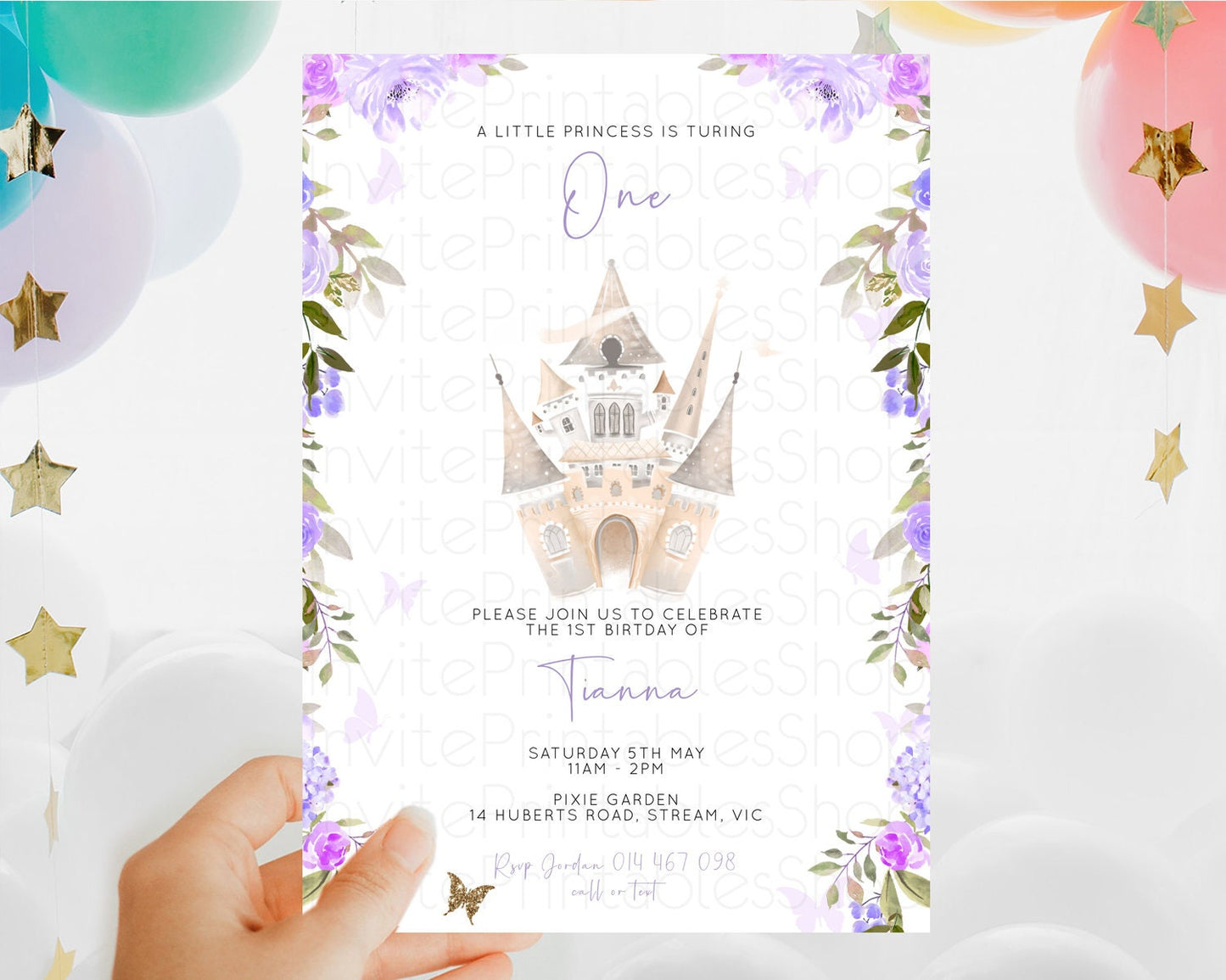 Princess Birthday Invitation Castle Invitation Royal Birthday Fairy Tale Enchanted Castle Pastel Floral Garden 1st First Birthday D10339