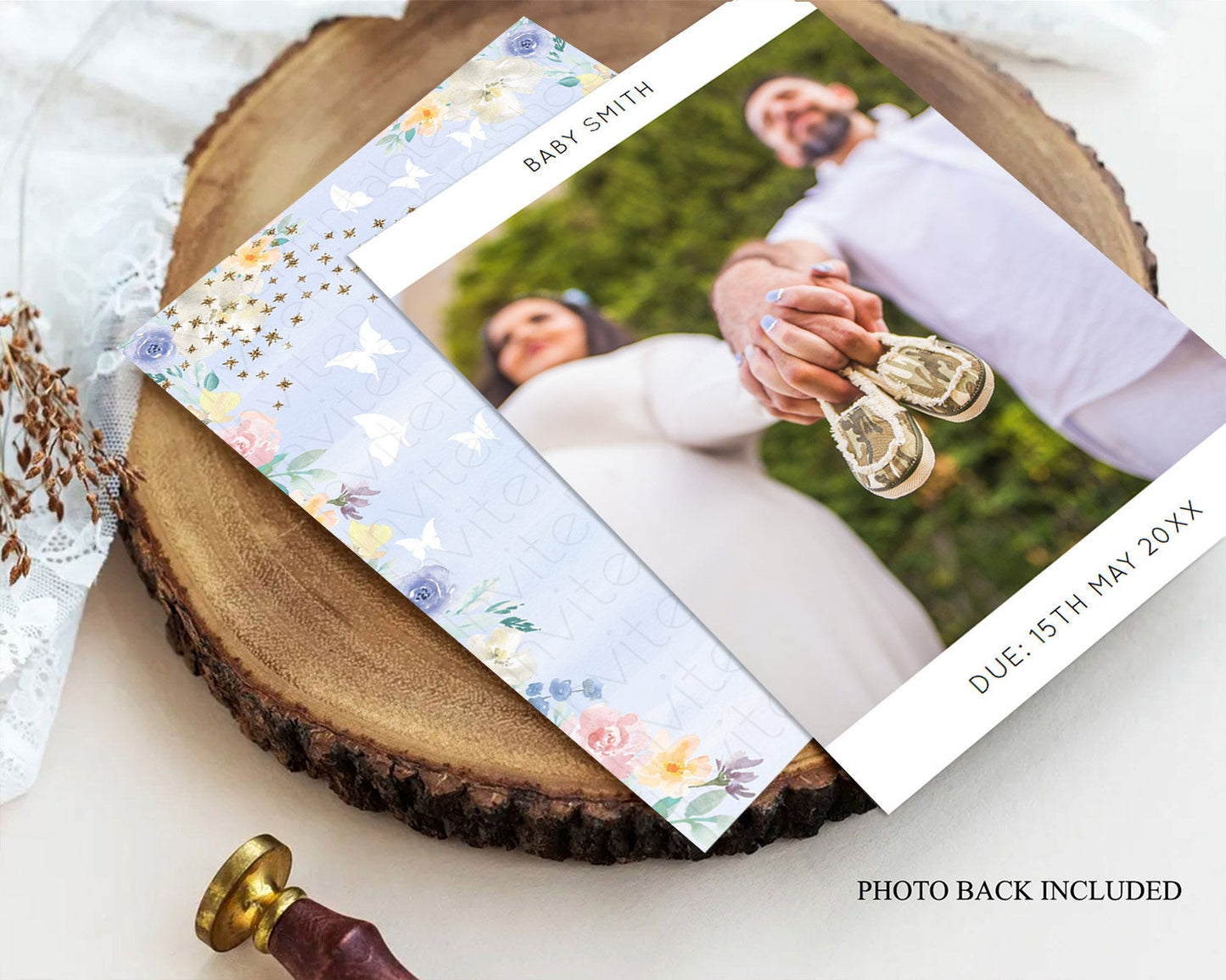 Deer Baby Shower Invitation, Enchanted Forest, Secret Garden, Butterfly, Whimsical Pastel Flowers - Blue Watercolor, Pink, Yellow D10879