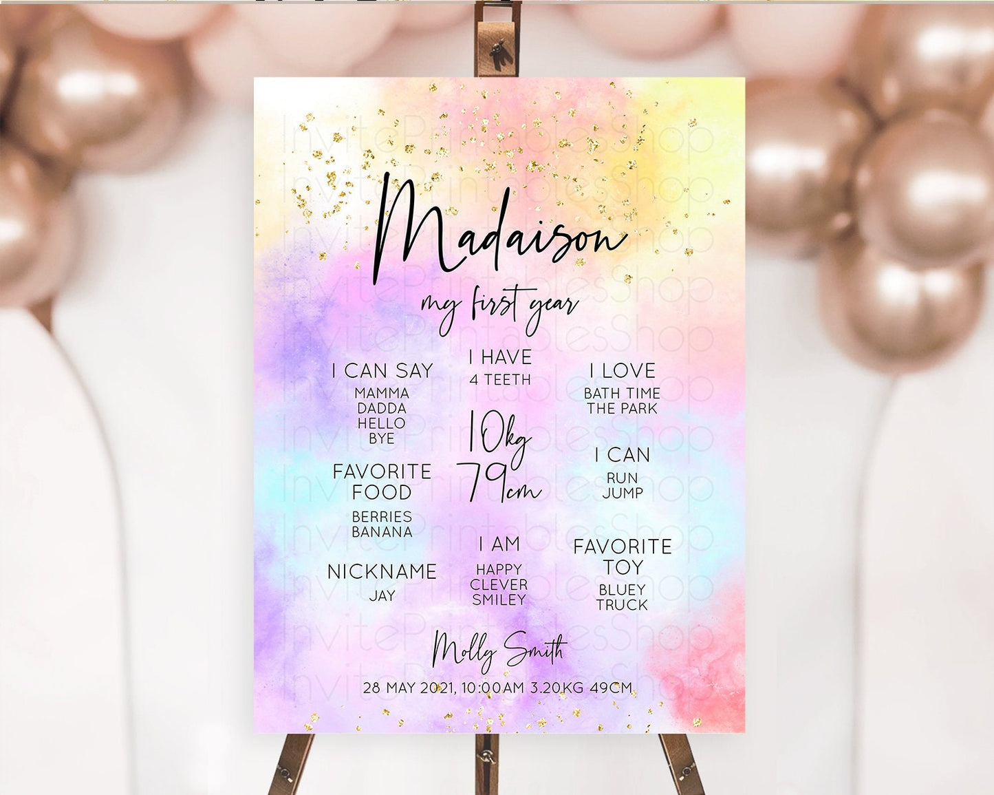 Pastel First Birthday Milestone Board Pastel Rainbow Milestone Poster Colorful Confetti Watercolor Glitter 1st Birthday Welcome Sign D10437