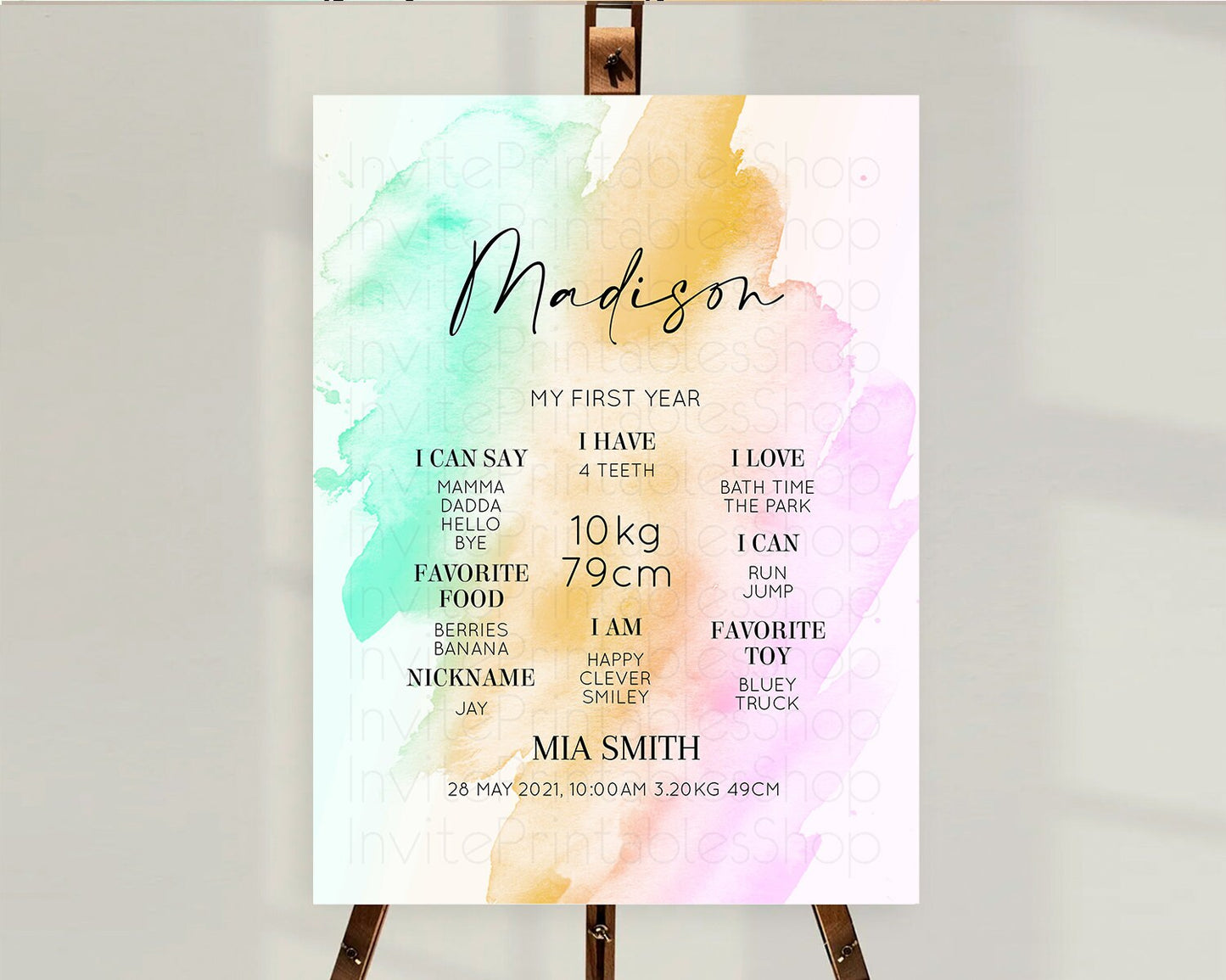Pastel First Birthday Milestone Board Pastel Rainbow Milestone Poster Colorful Confetti Watercolor Glitter 1st Birthday Welcome Sign D10962