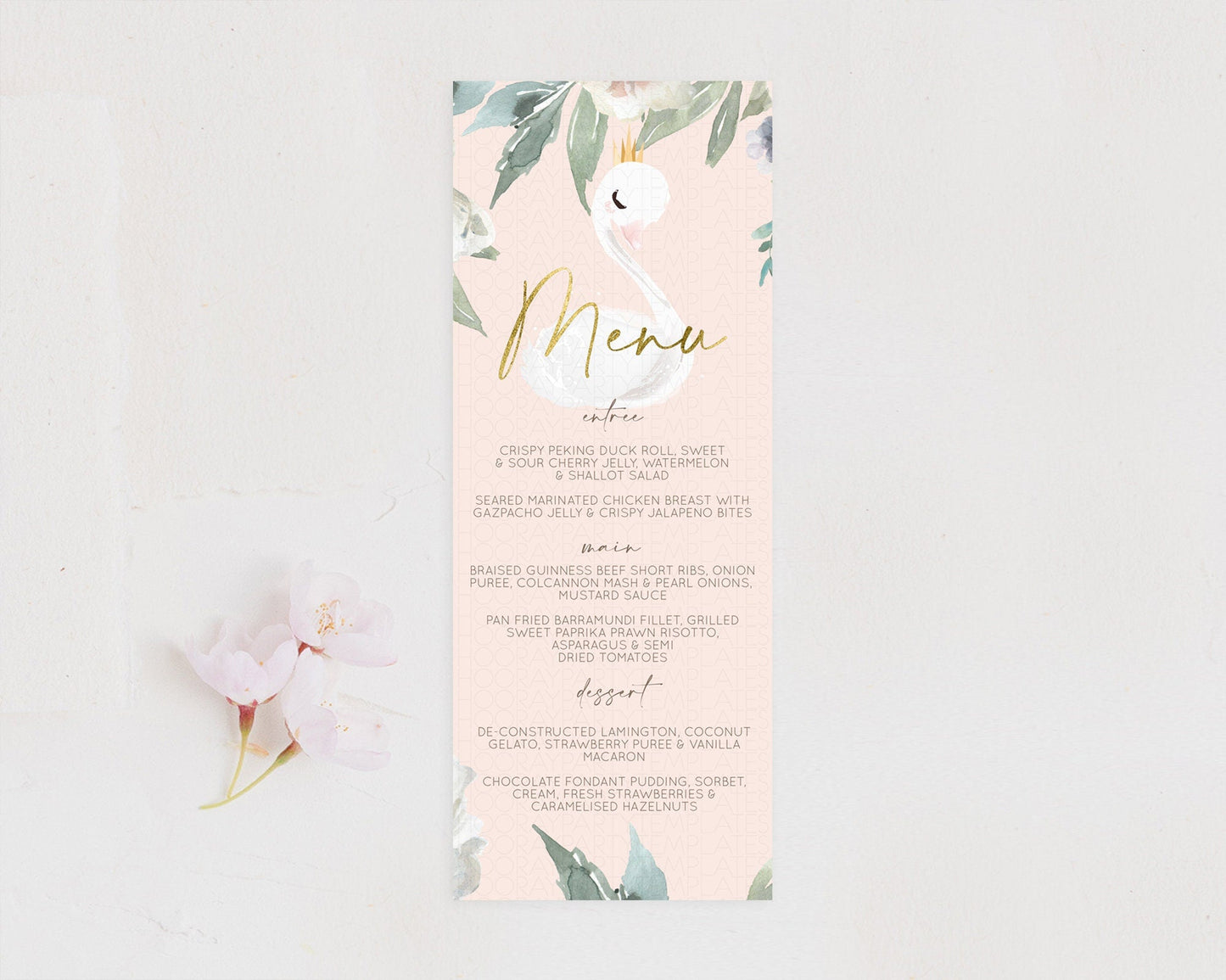 Swan Menu Swan Princess Ballet Menu Template Enchanted Swan Lake Table Decor Secret Garden Pastel Floral Dinner Dessert Food Menu D10115